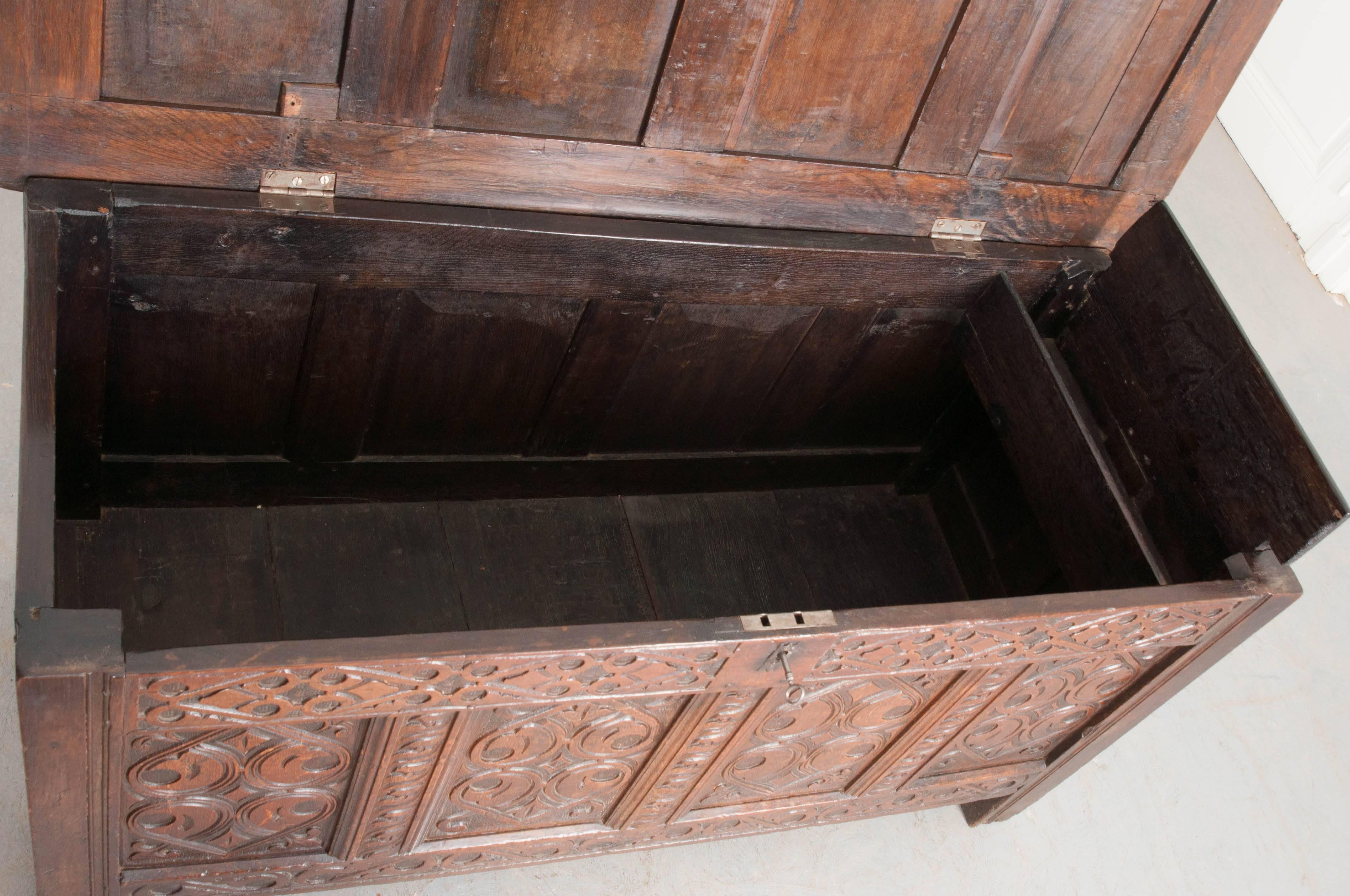 English Late 18th Century Carved Oak Coffer 1