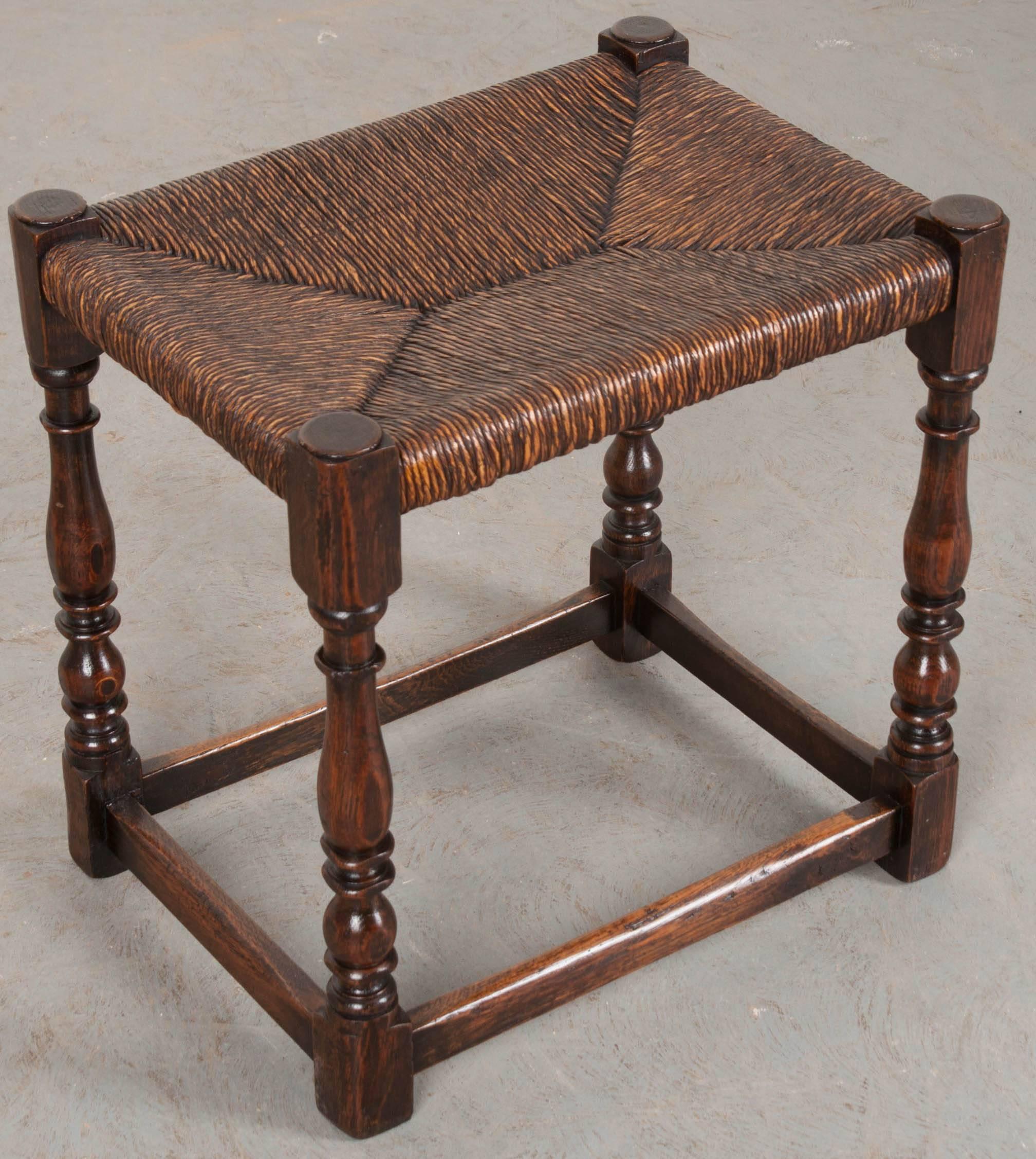 Hand-Carved English 19th Century Rush Seat Stool