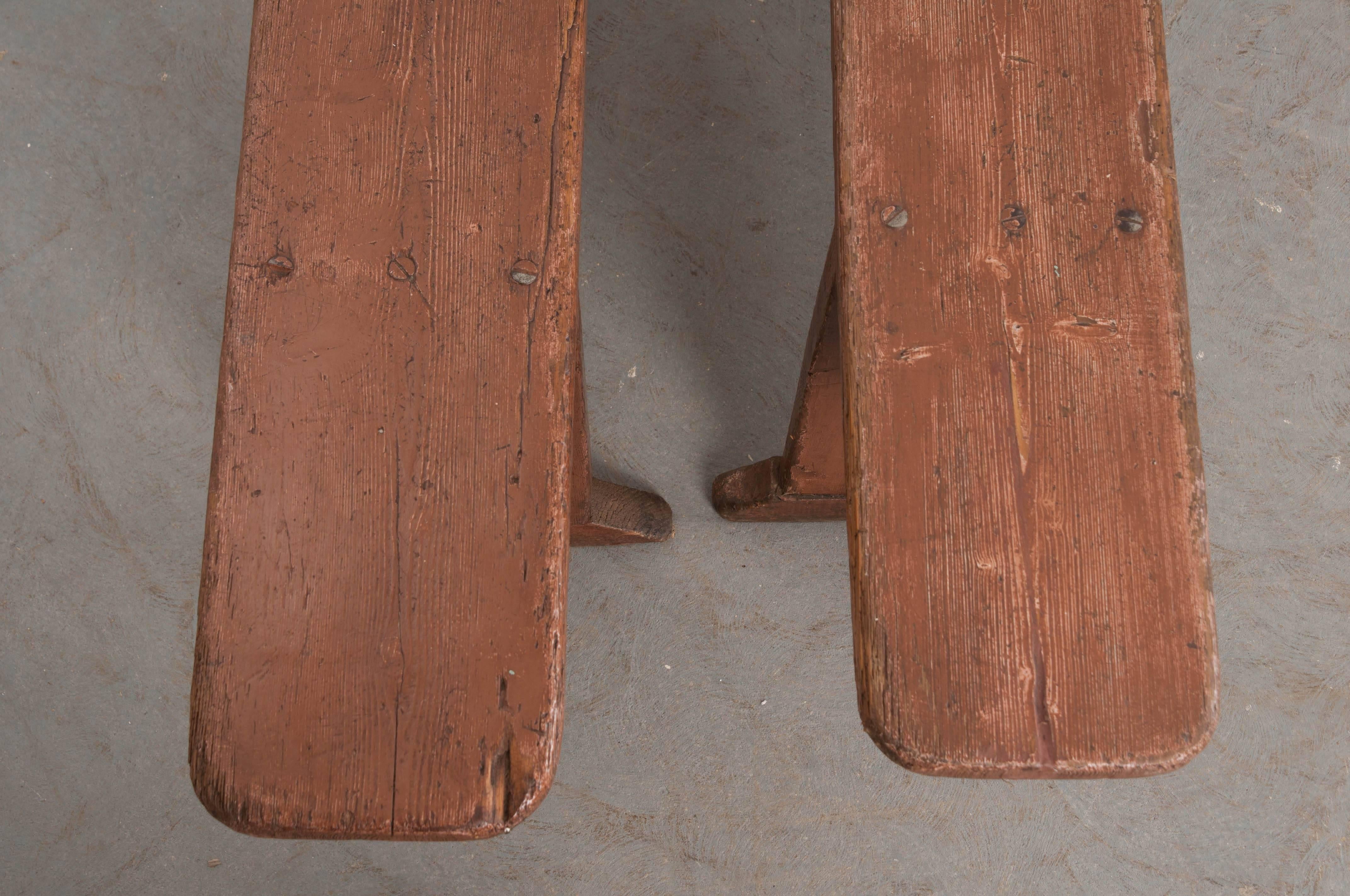 Patinated Pair of English 19th Century Pine Benches