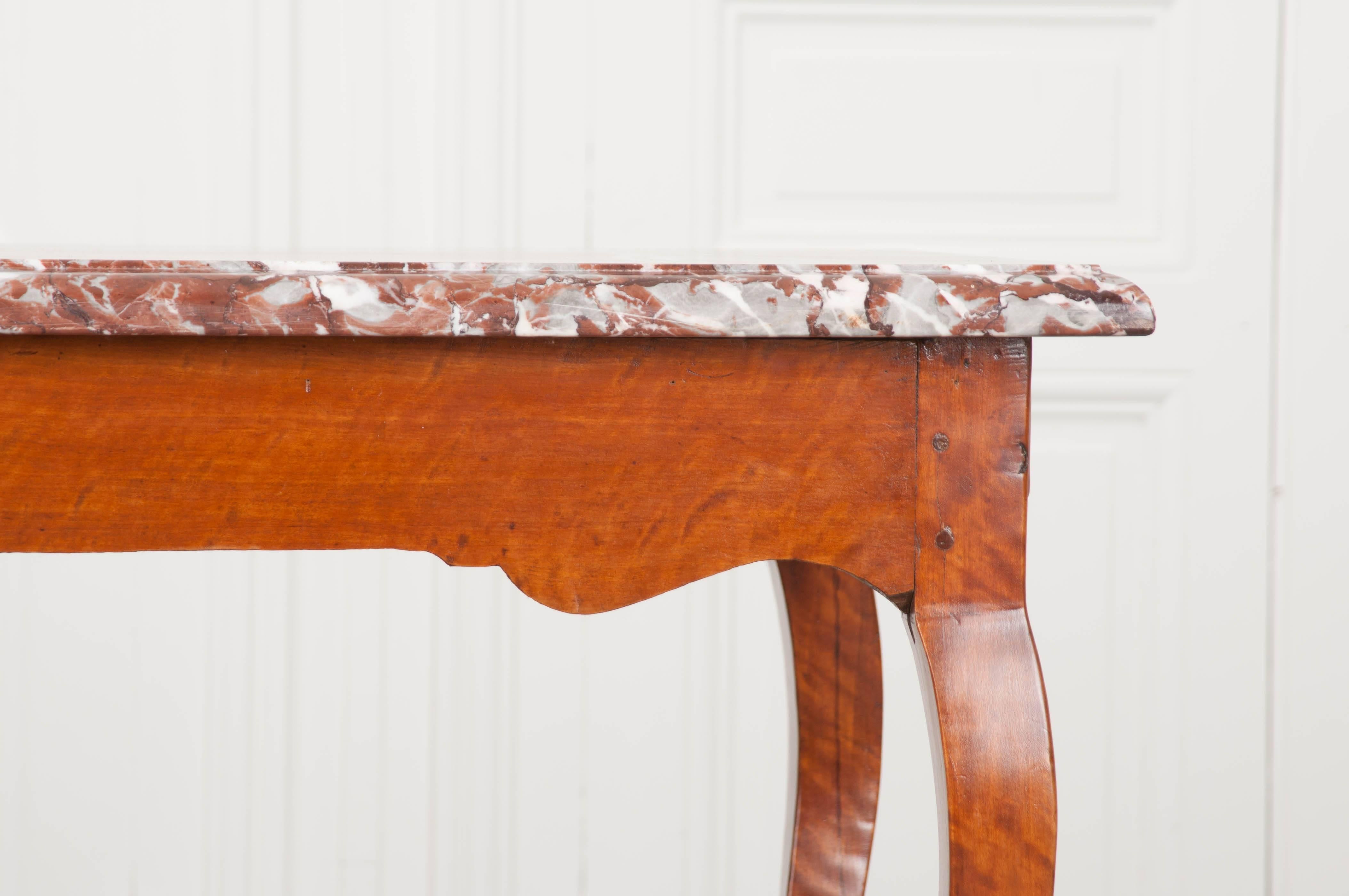 Hand-Carved French Early 19th Century Birch Writing Table with Marble Top For Sale