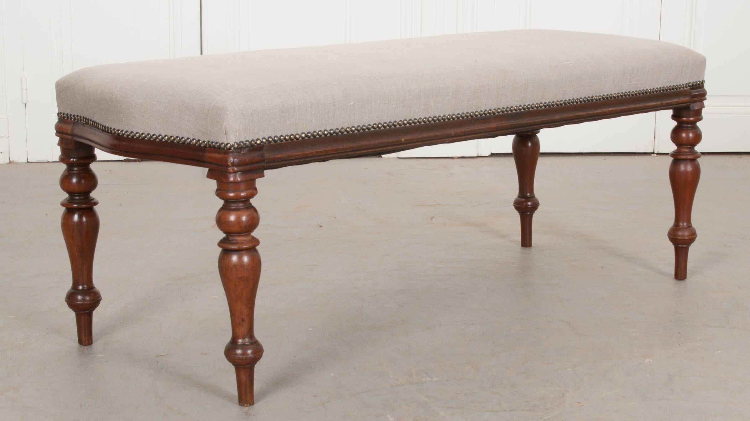 Linen English 19th Century Upholstered Mahogany Bench