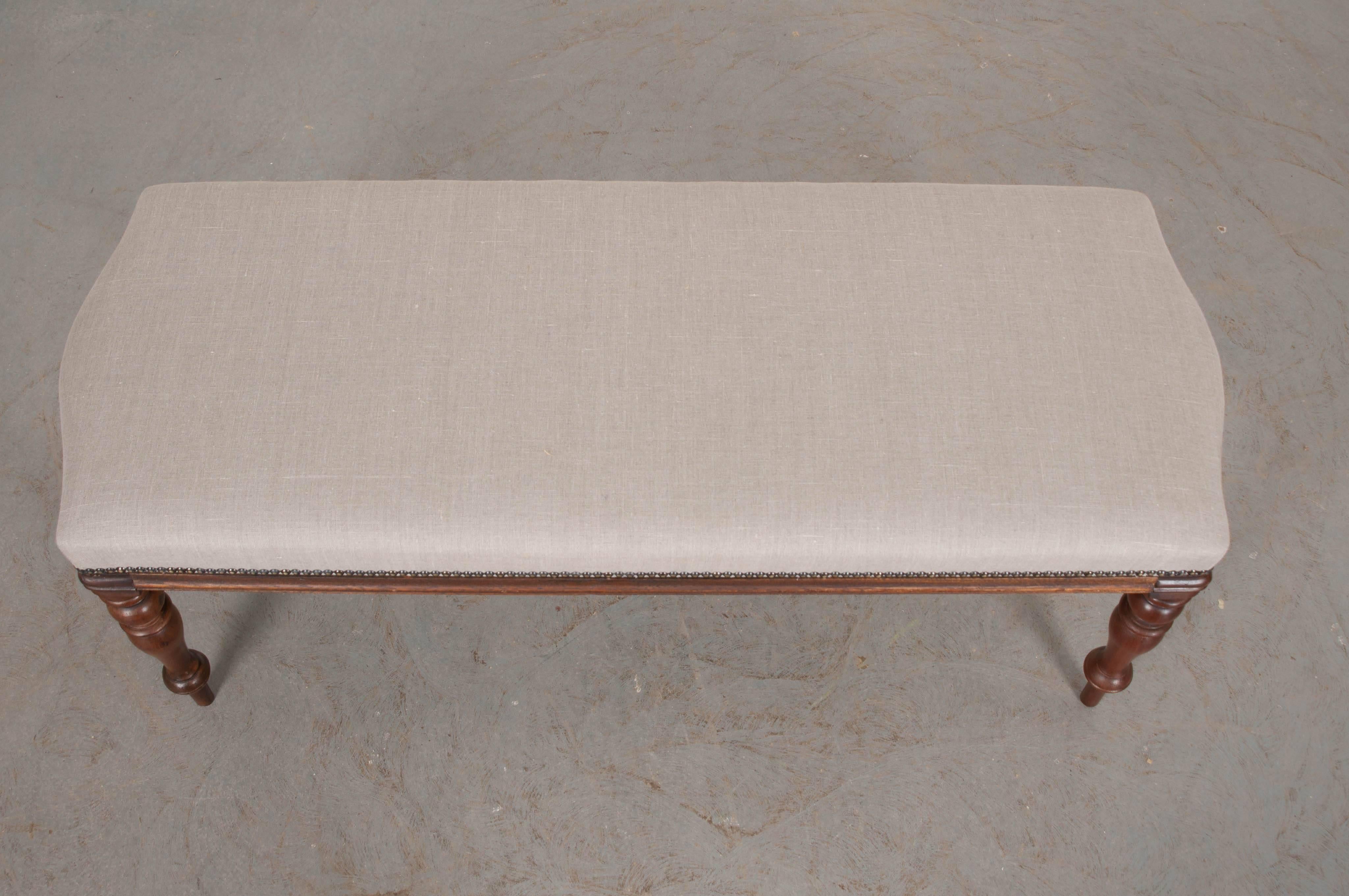 Turned English 19th Century Upholstered Mahogany Bench