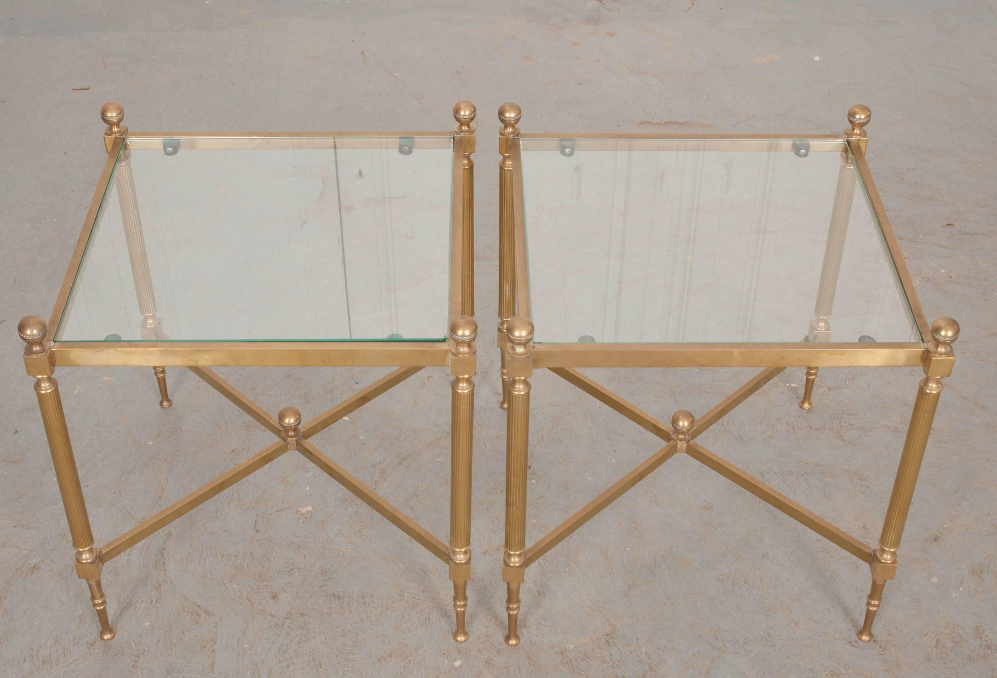 Pair of French Brass and Glass Jansen Square Tables 2