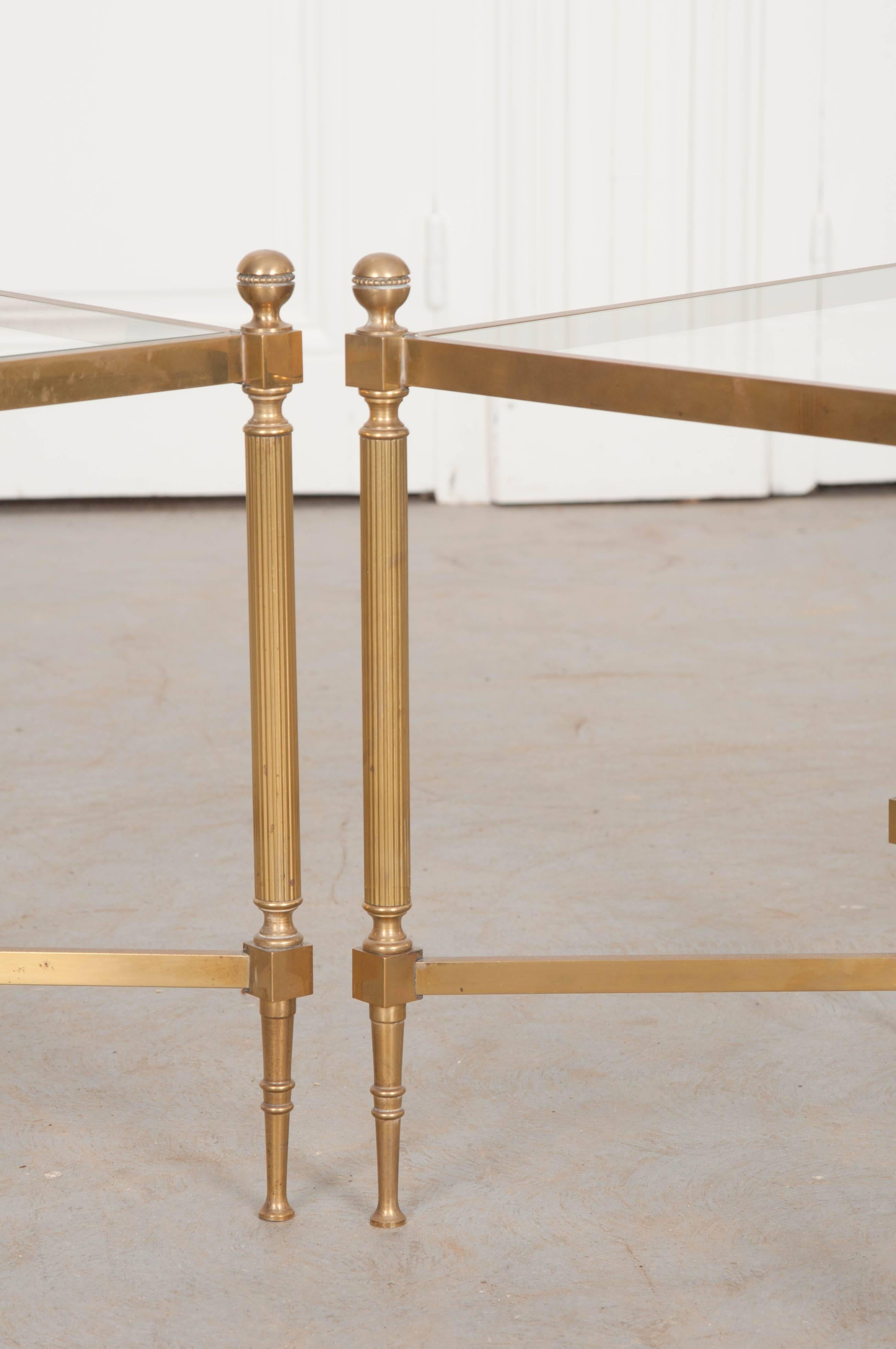 Neoclassical Pair of French Brass and Glass Jansen Square Tables