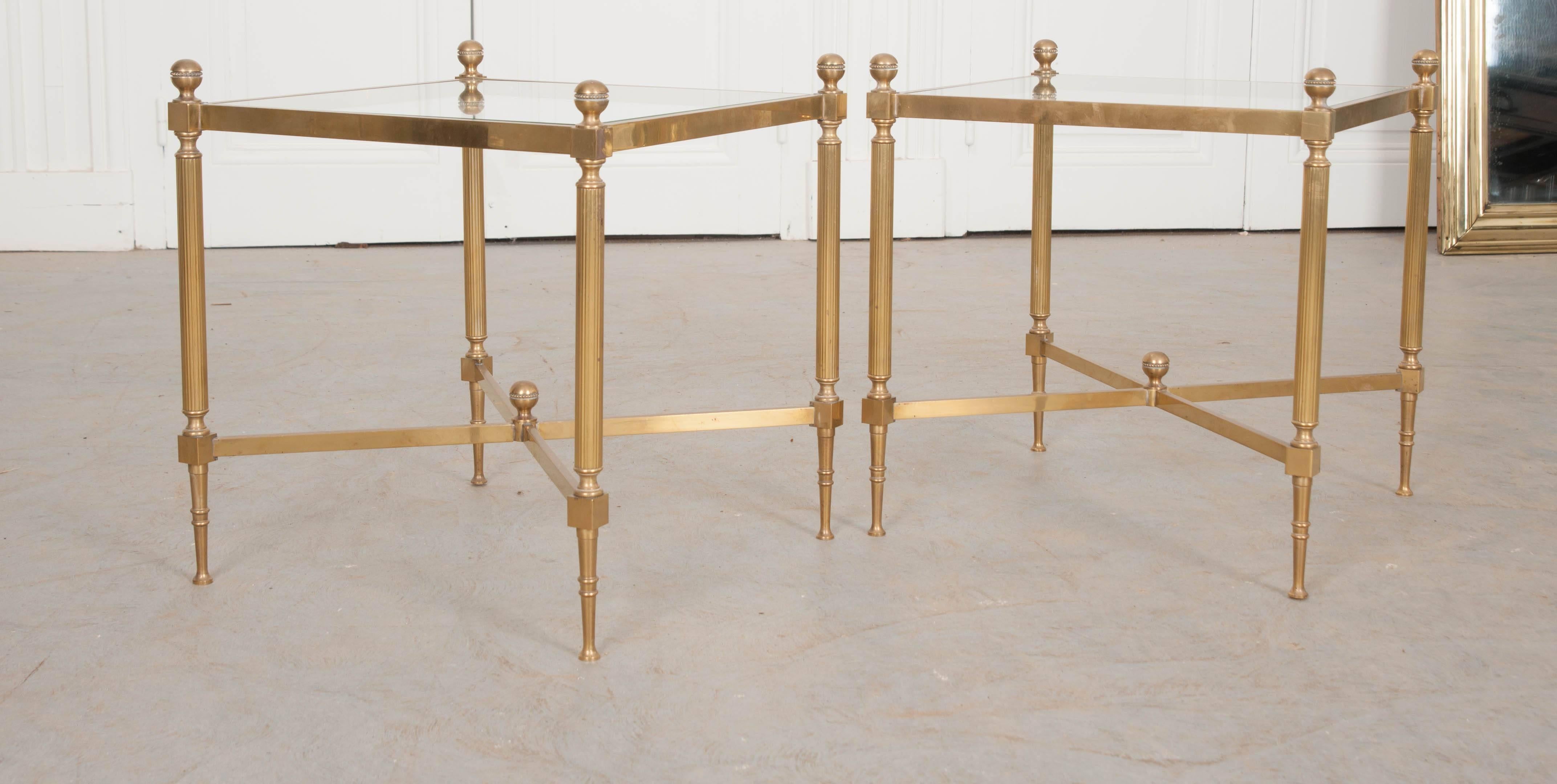 Pair of French Brass and Glass Jansen Square Tables 1
