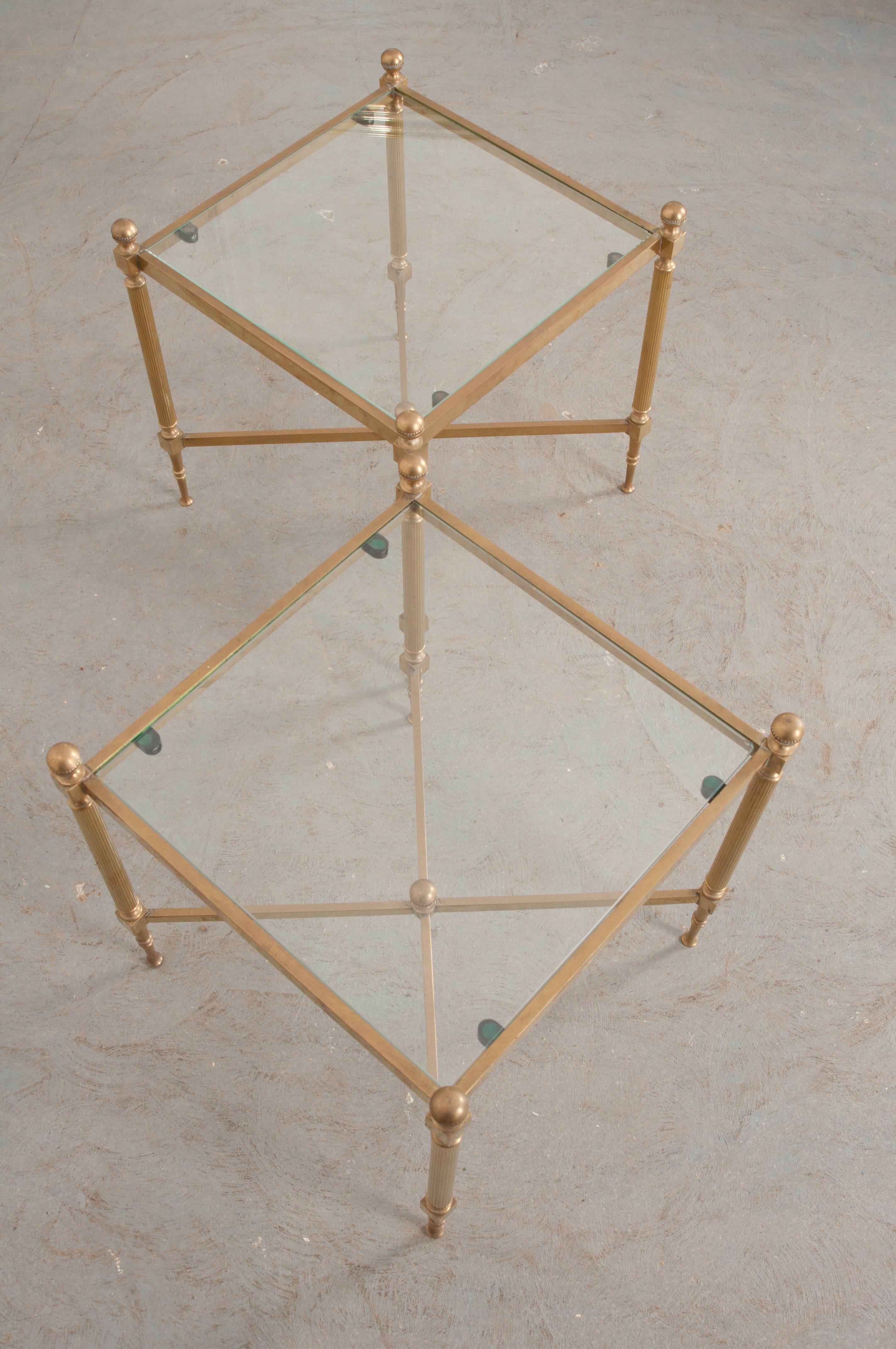 20th Century Pair of French Brass and Glass Jansen Square Tables