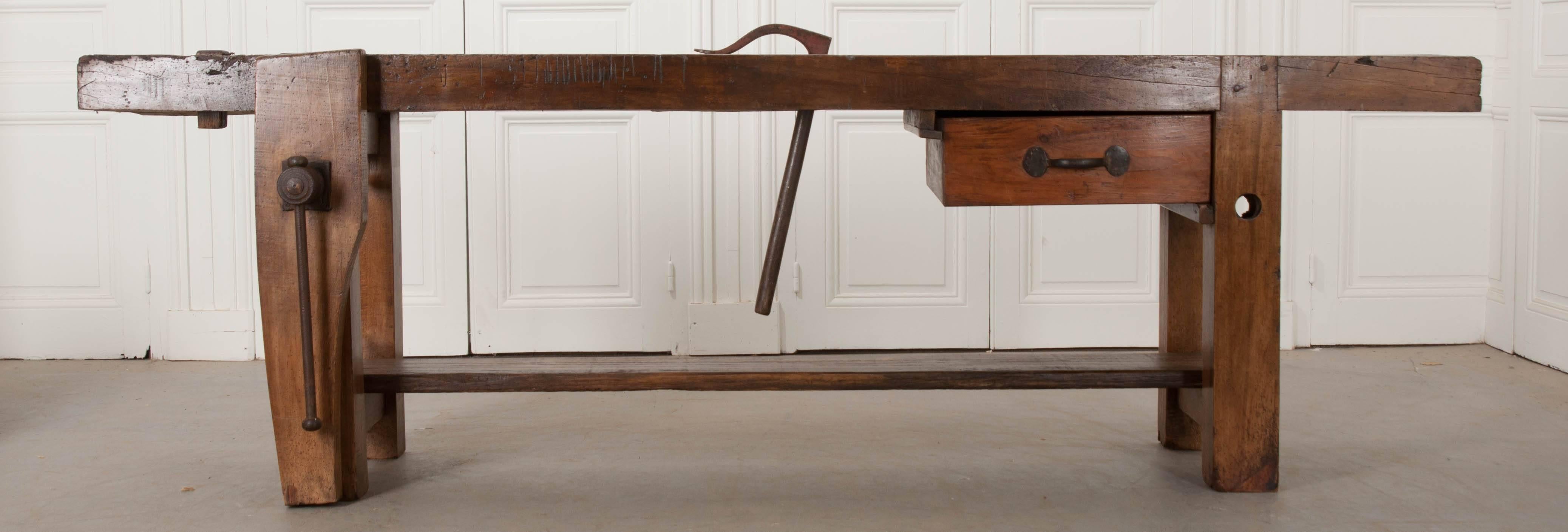 Innumerable projects have been completed over the years using this 19th century French workbench. Deep and sundry marks are scored into every inch of the work surface, left there by the saws and chisels of craftsmen long gone. Interesting features