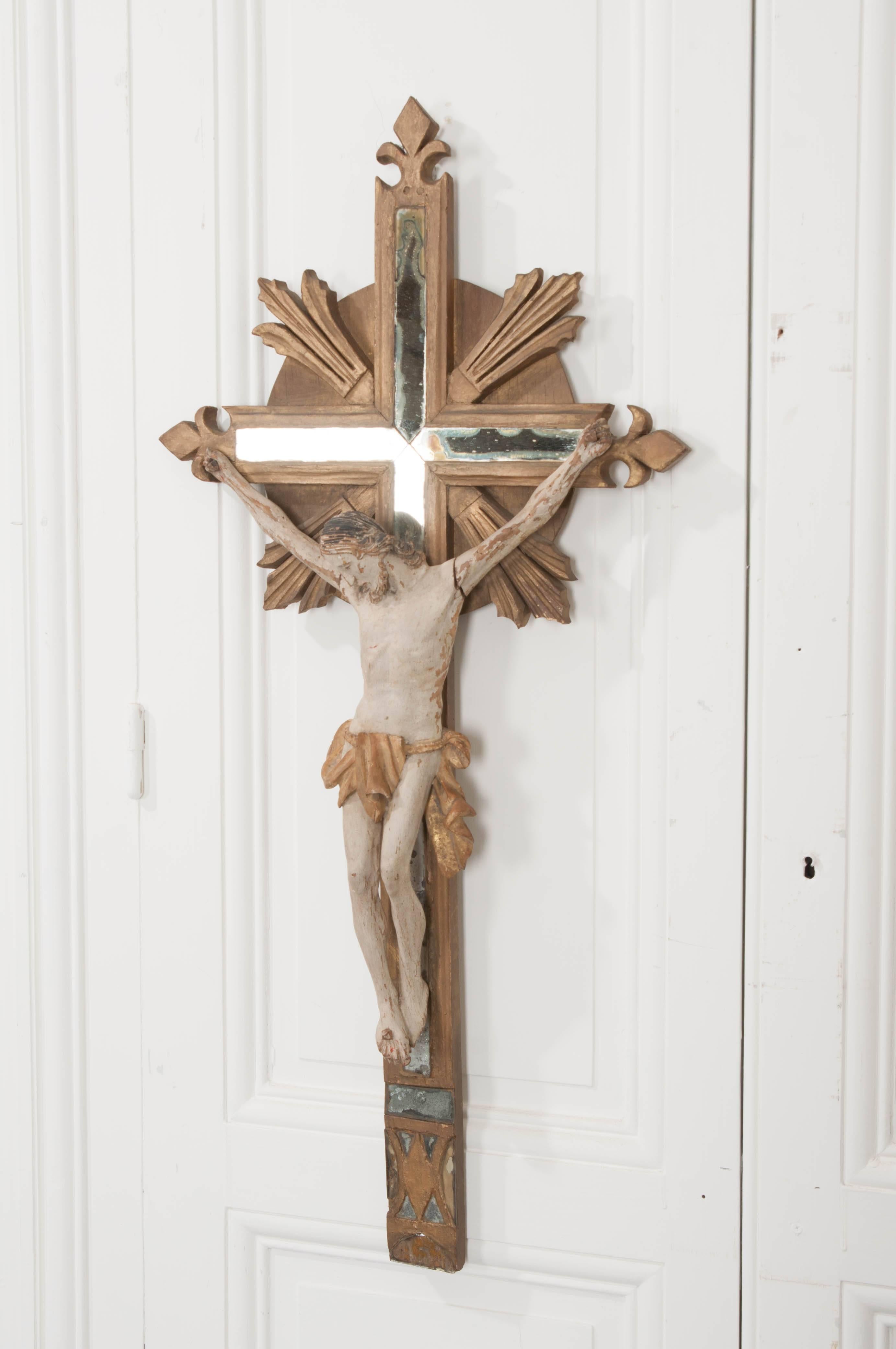 Hand-Carved French 19th Century Gold Gilt and Mirror Crucifix 