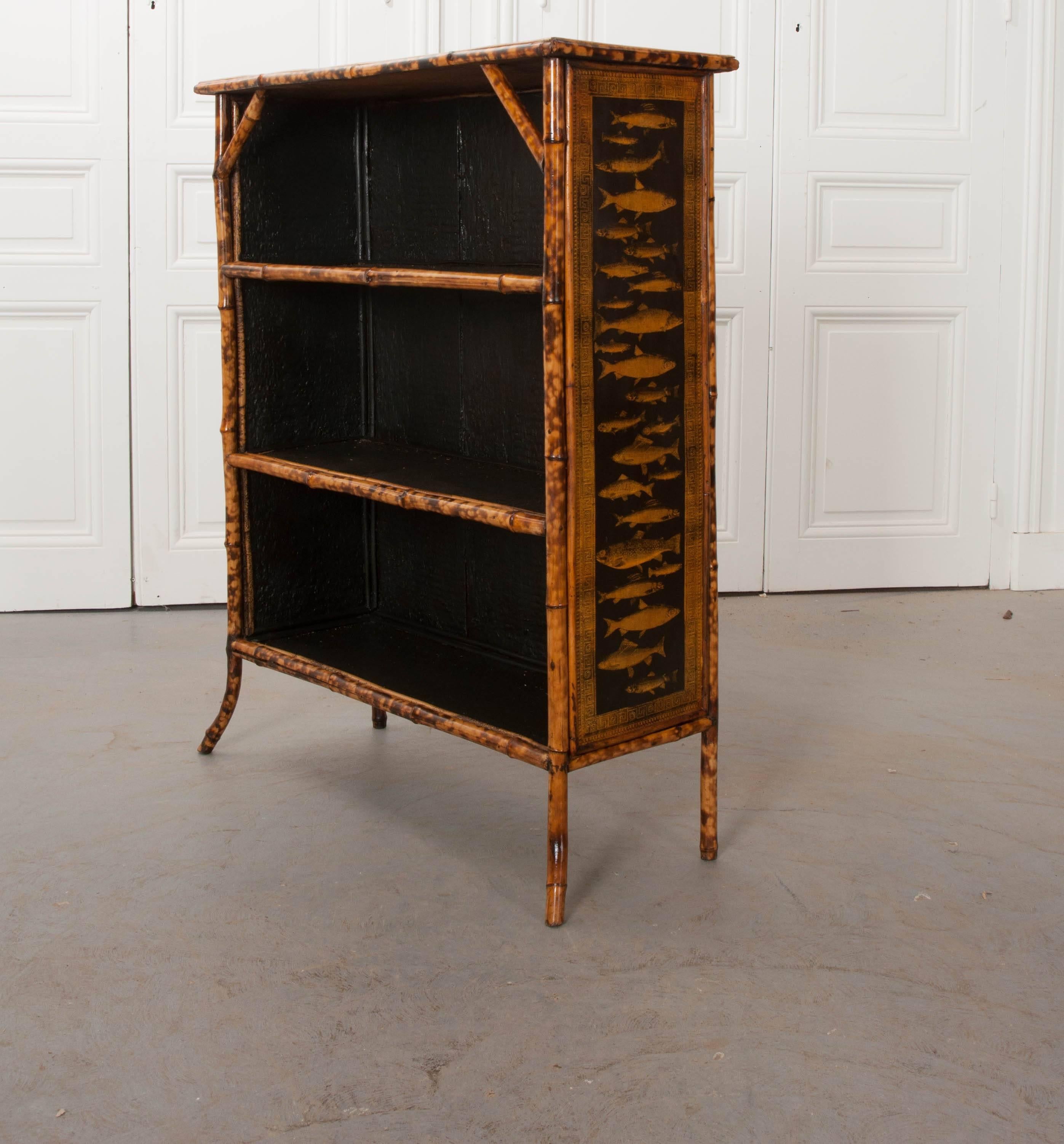 English 19th Century Bamboo Découpage Fish Bookcase 1