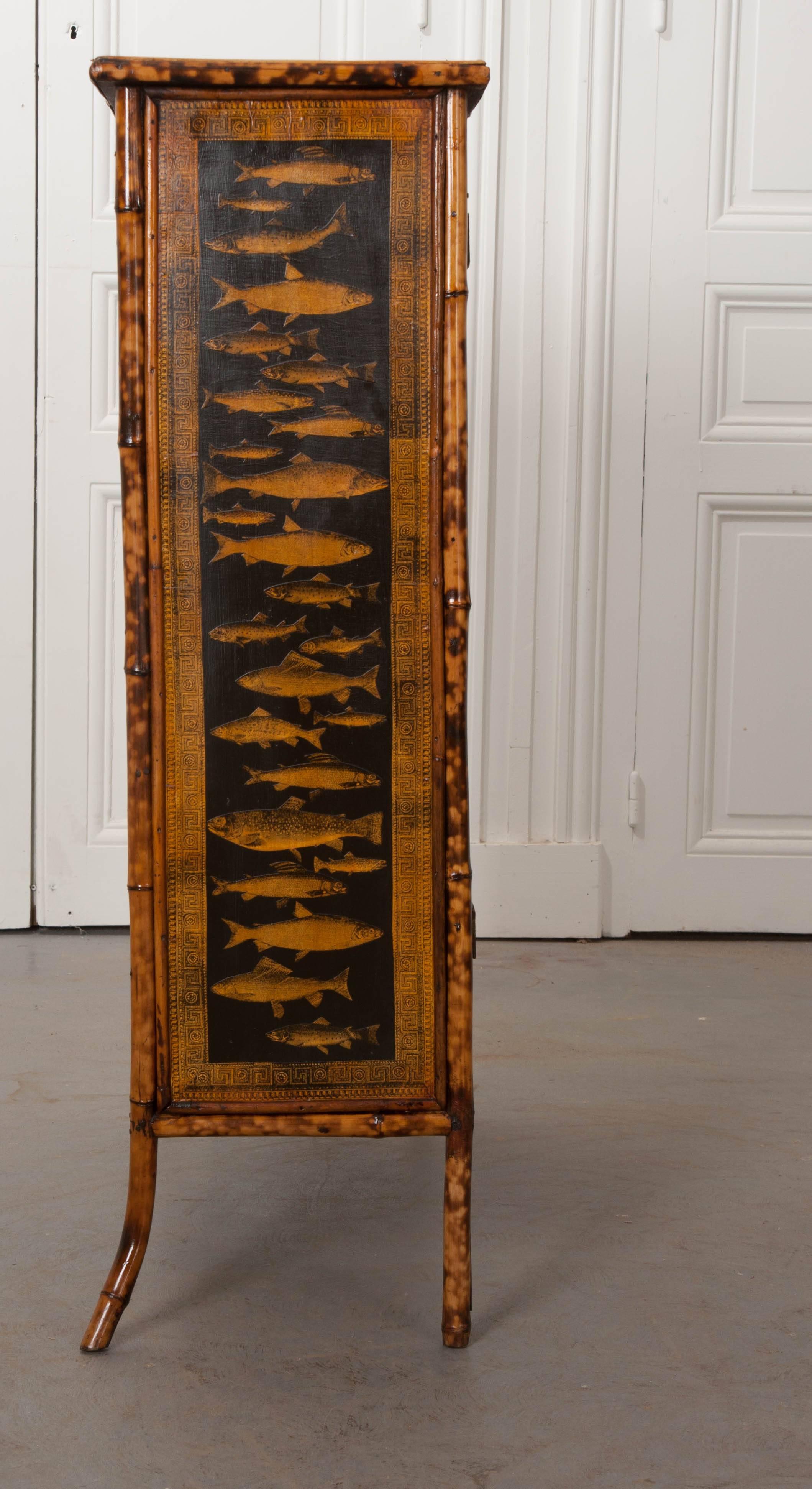 English 19th Century Bamboo Découpage Fish Bookcase 2