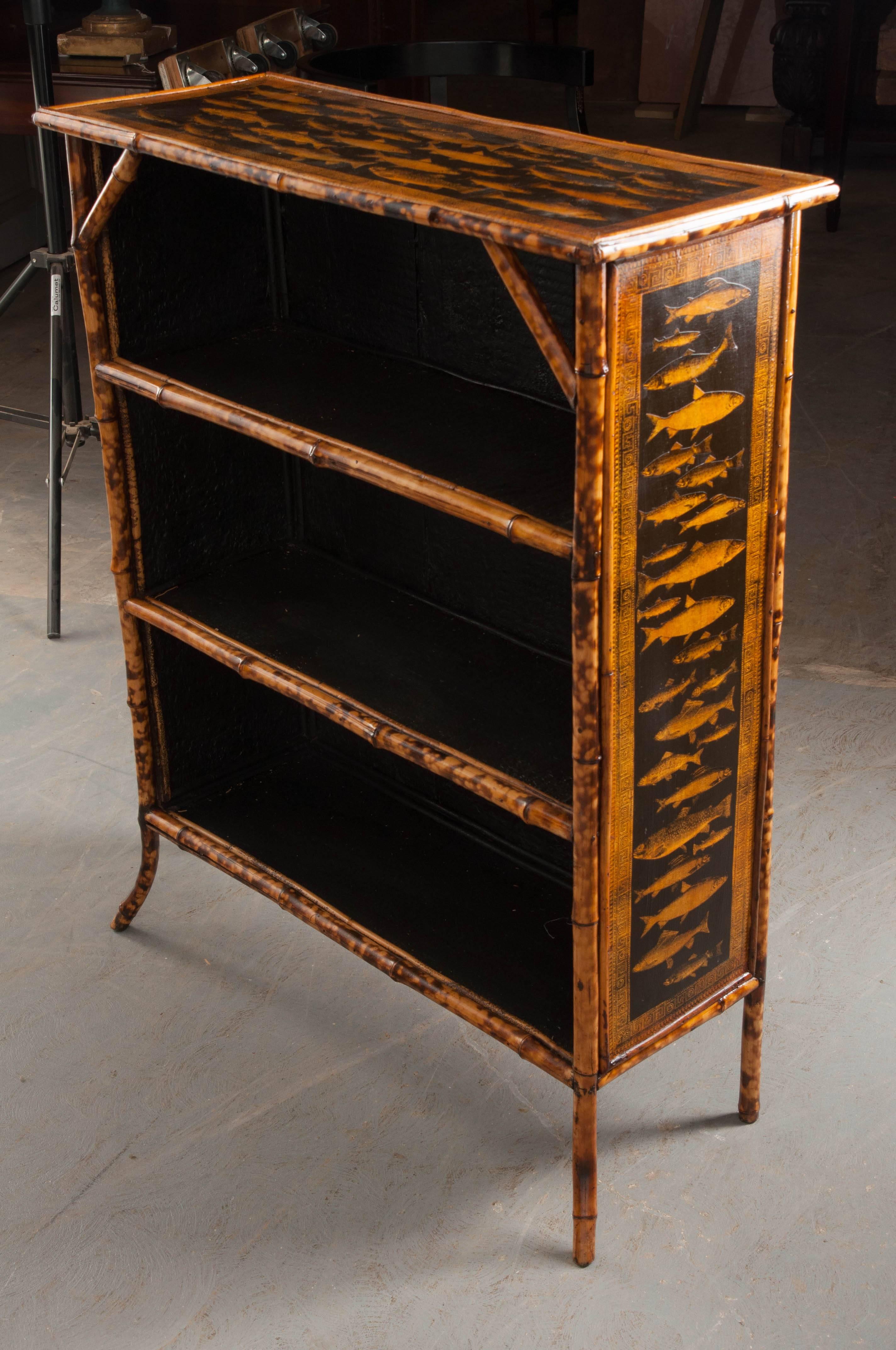 English 19th Century Bamboo Découpage Fish Bookcase 3