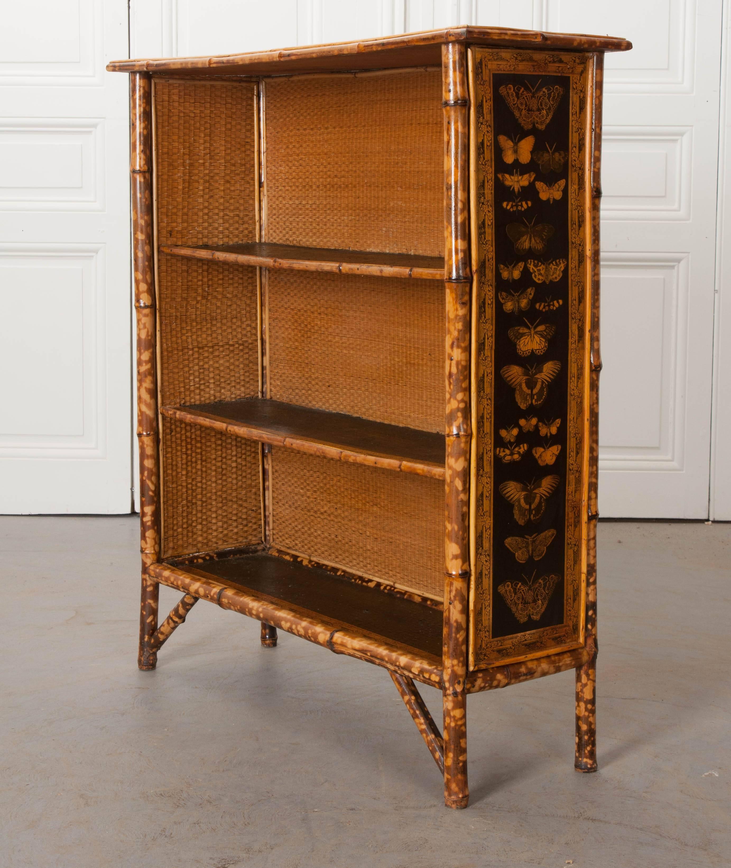 English 19th Century Bamboo Découpage Moth Bookcase 1