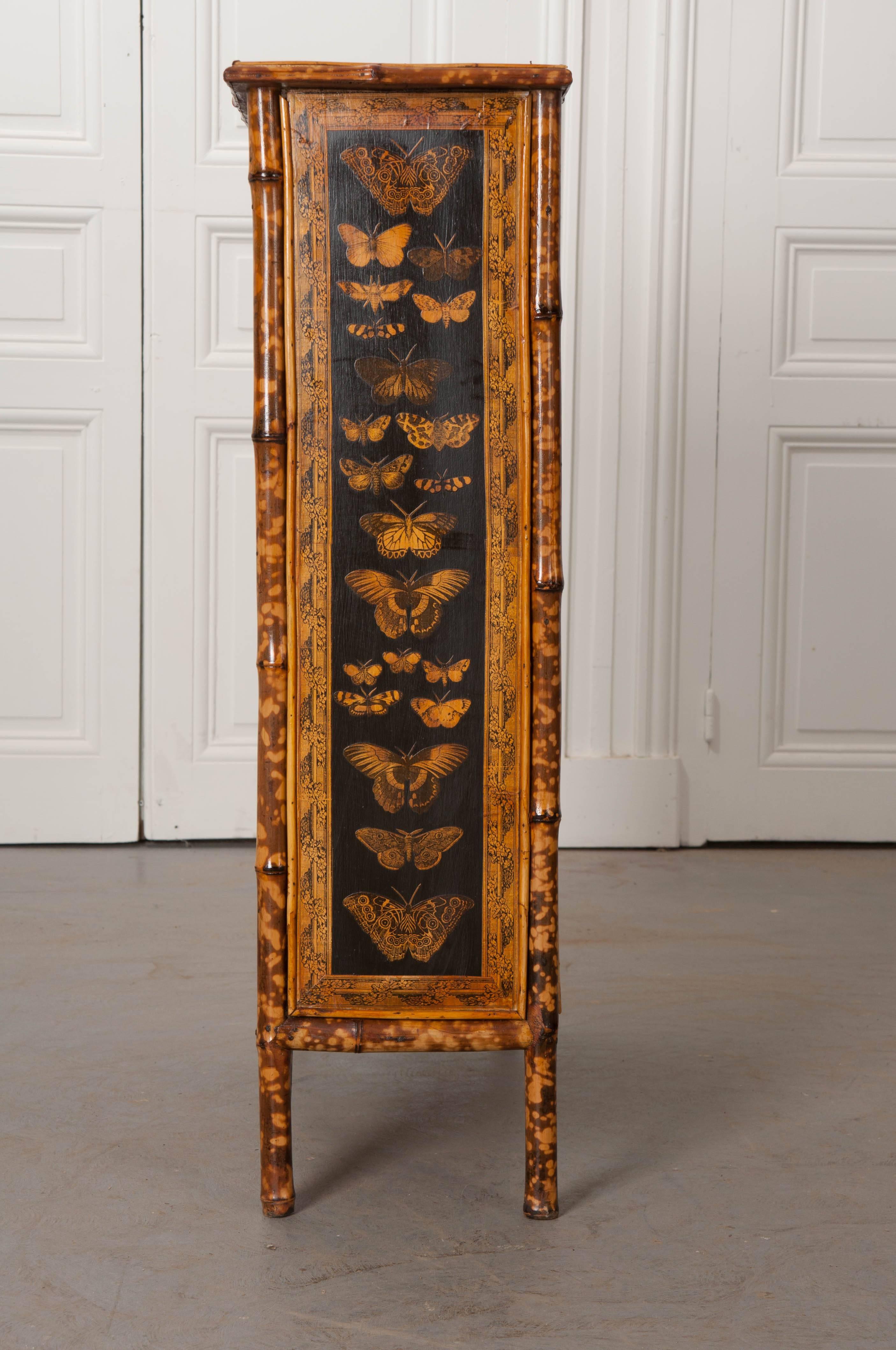 English 19th Century Bamboo Découpage Moth Bookcase 2