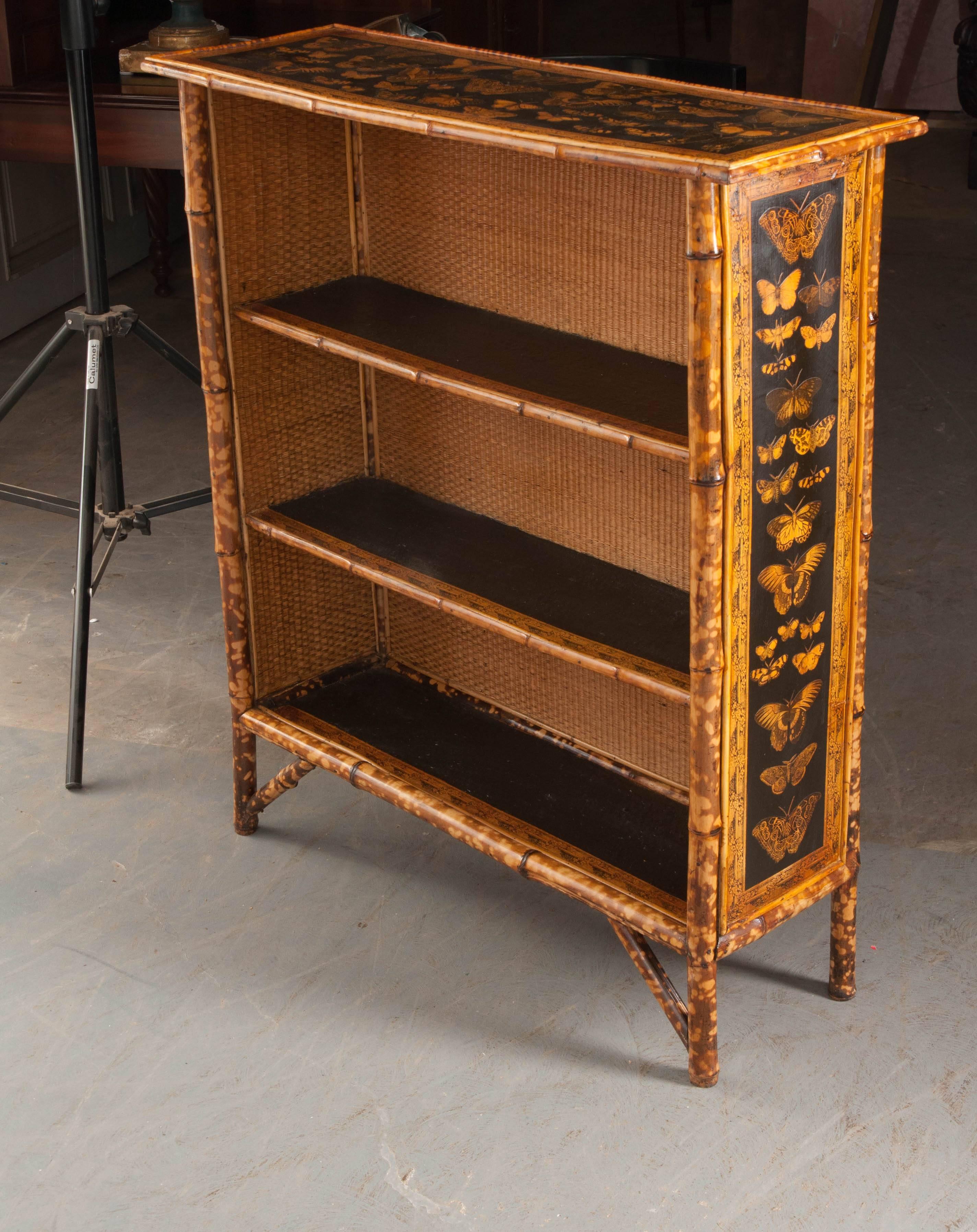 English 19th Century Bamboo Découpage Moth Bookcase 4
