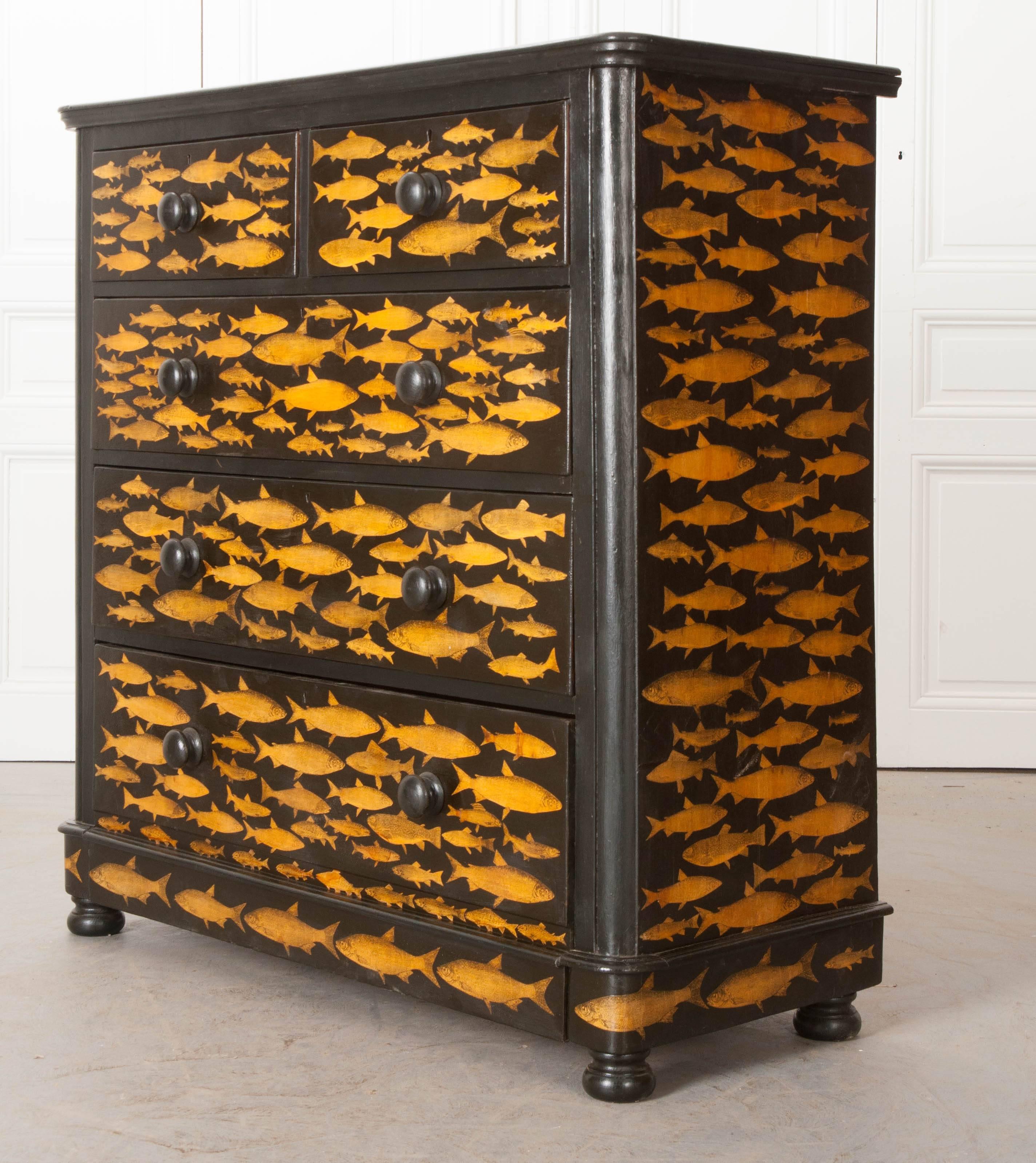 Hardwood 19th Century Victorian Découpage Fish Chest of Drawers