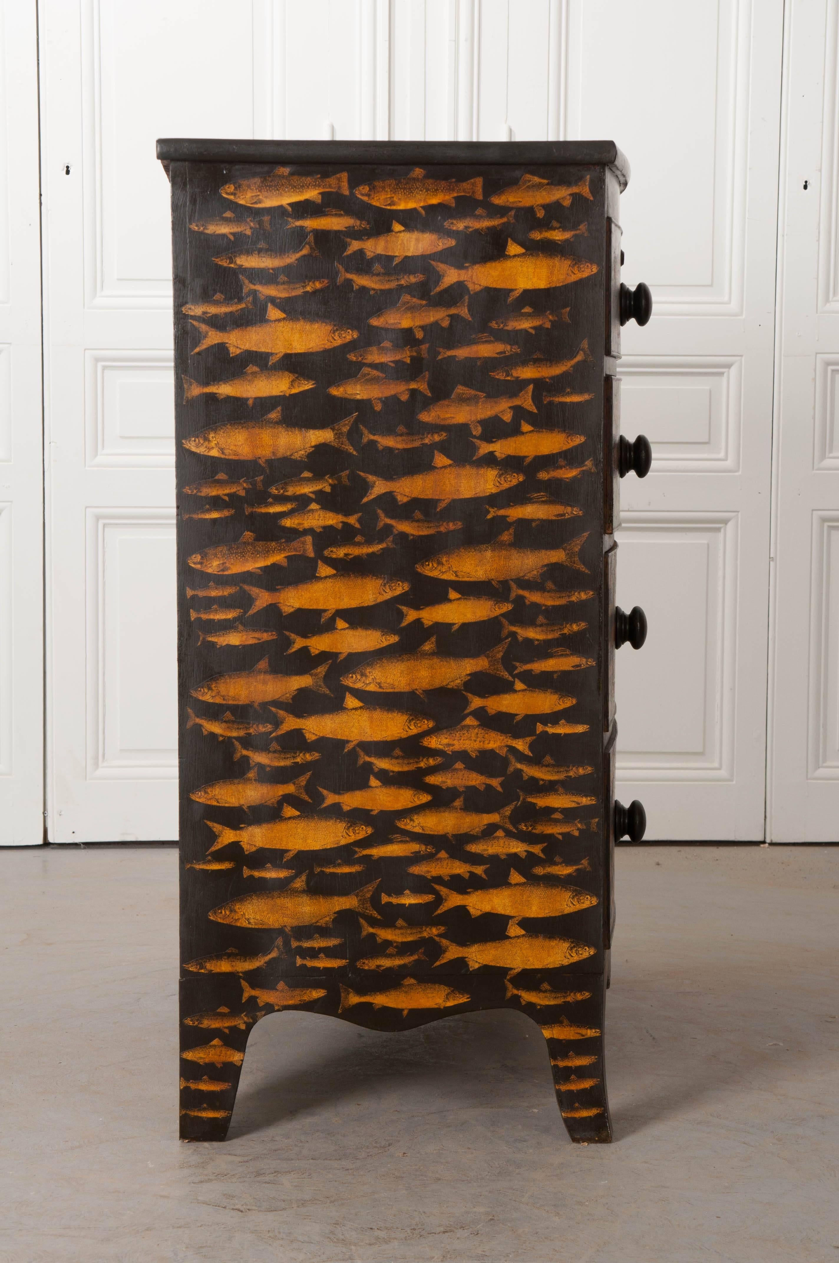 Hardwood English 19th Century Découpage Fish Chest of Drawers