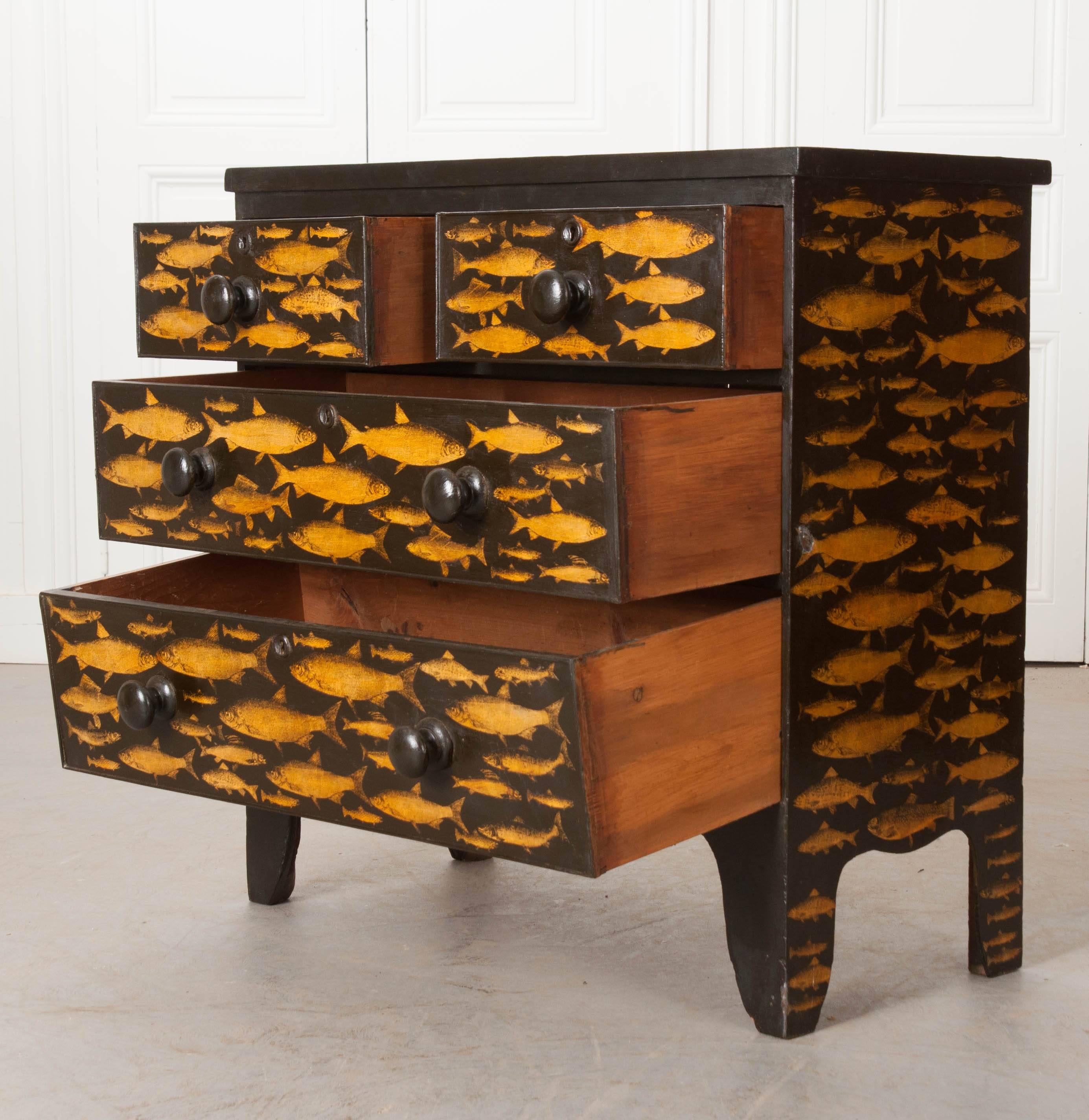 English 19th Century Découpage Fish Chest of Drawers 1