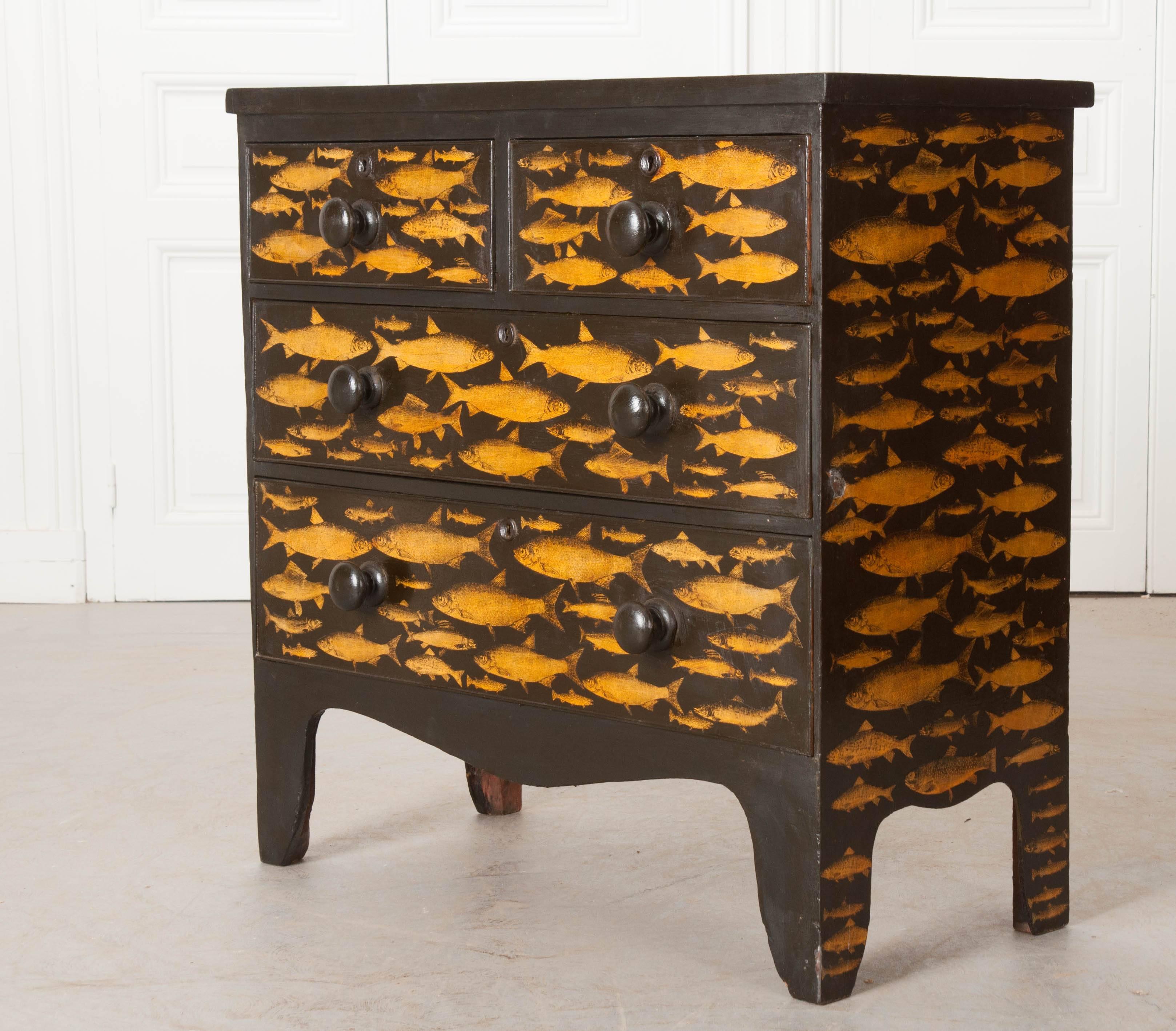 Victorian English 19th Century Découpage Fish Chest of Drawers