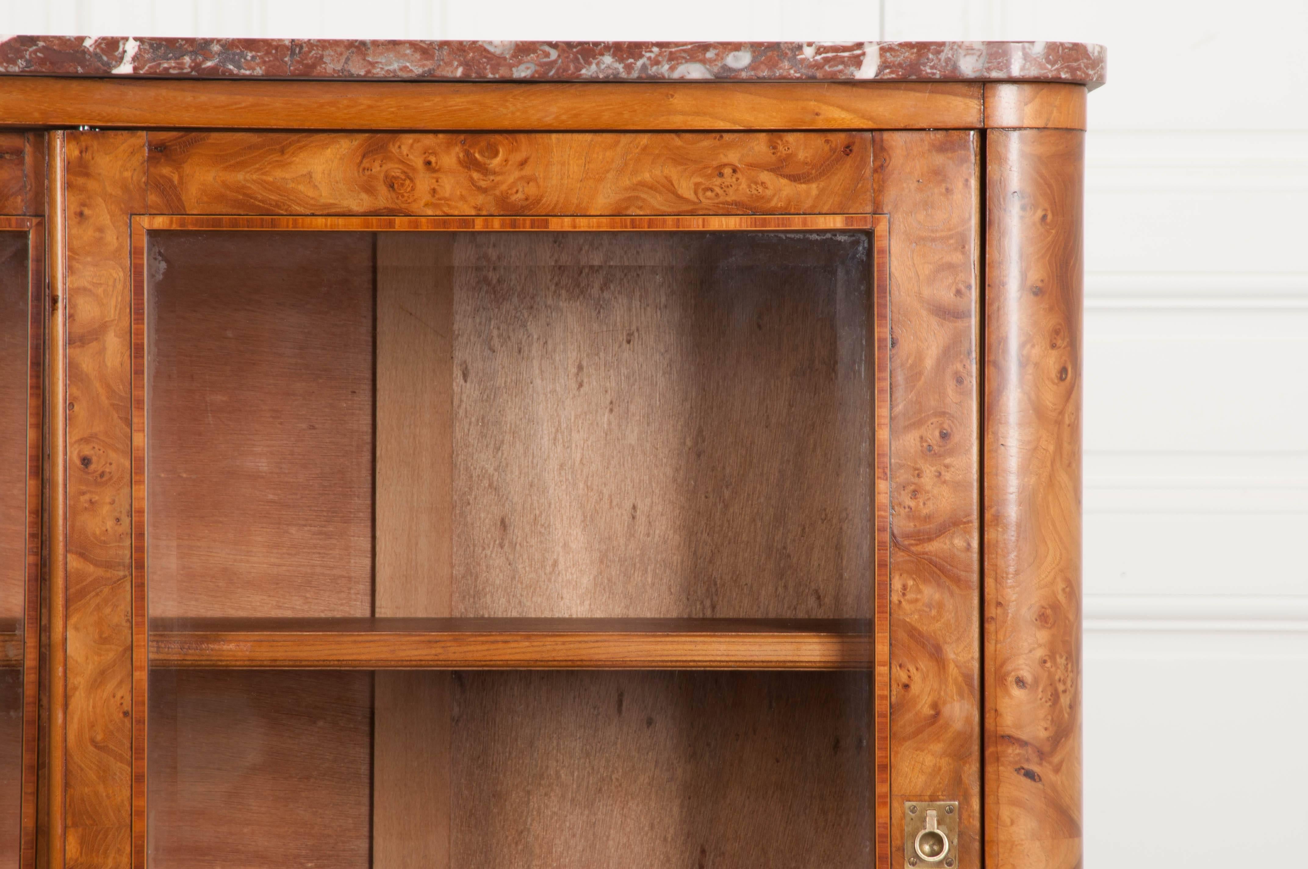 Beveled French Art Deco Burl Walnut Console Cabinet