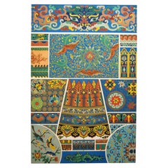 Polychrome Chromolithografie aus dem 19. Jahrhundert; Cloisonné-Emaille aus China und Japan