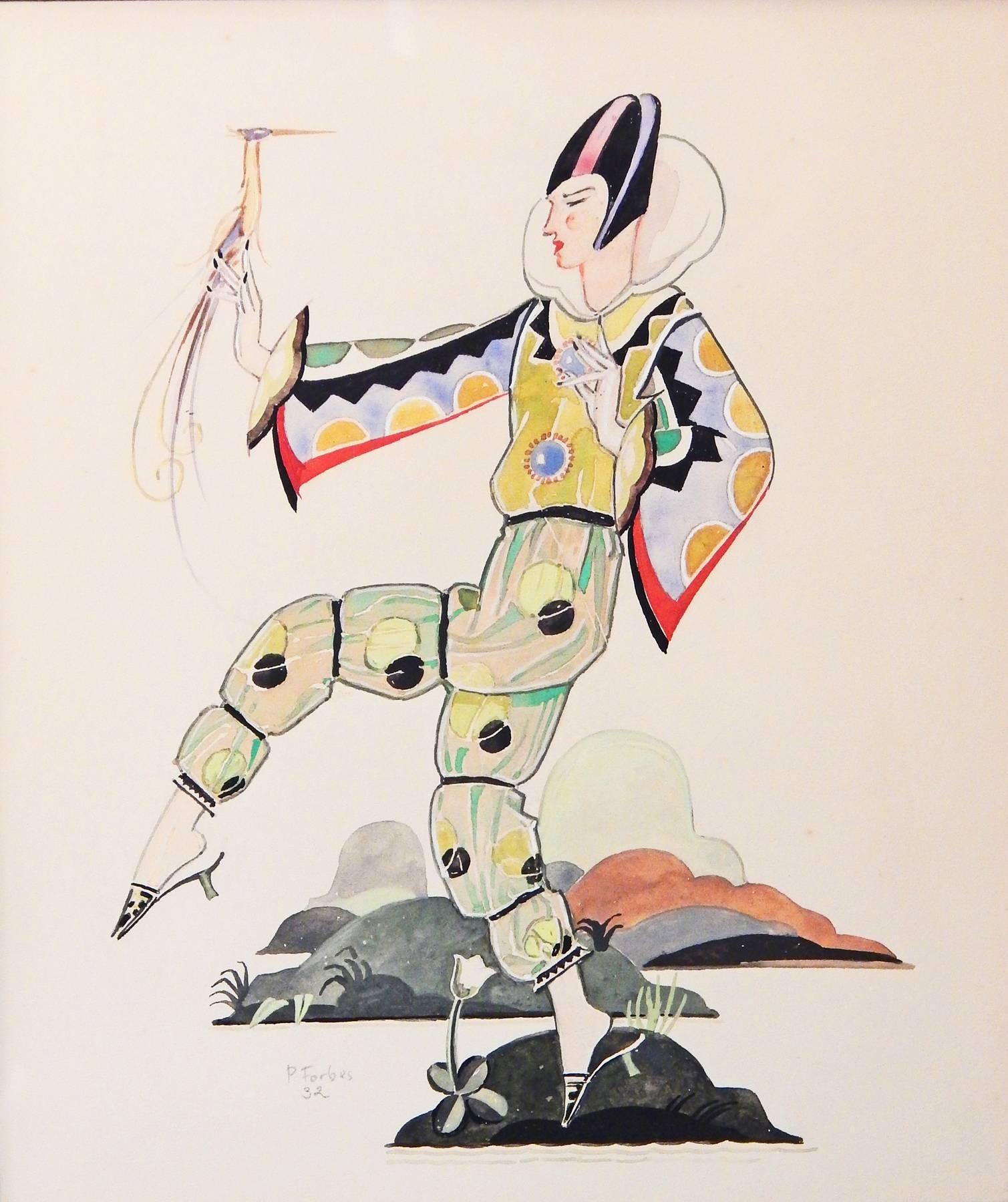 "Exotische Figur mit Paradiesvogel", fabelhaftes Art-Déco-Aquarell von Forbes im Angebot