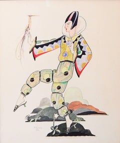 "Exotic Figure with Bird of Paradise, " Fabulous Art Deco Watercolor by Forbes