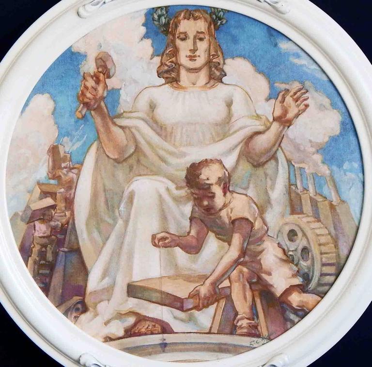 A superb example of allegorical mural painting, this circular study depicting a female figure in Grecian robes overlooking a child with a plumb line, surrounded by scenes of construction and industry was painted by Robert Charles Haun for the Rhode