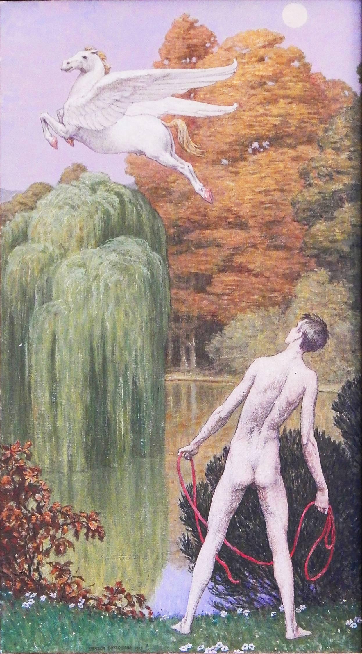 Cette scène remarquable, qui représente le moment où Bellérophon s'apprête à attraper au lasso la figure volante de Pégase après que la créature s'est arrêtée pour boire en bas, a été peinte en 1926 par Bryson Burroughs, l'un des grands classiques