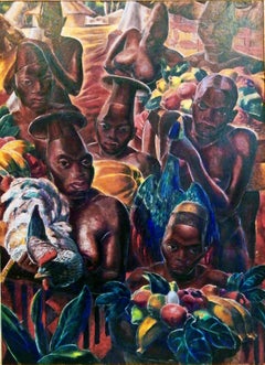 "Mangbetu llega al mercado", gran pintura maestra Art Decó de Paul Travis