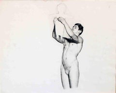 "Male Nude Holding Child Aloft, " Large Art Deco Drawing by Master Muralist