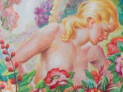 ""Akt im tropischen Garten", brillantes Art-Déco-Gemälde von Cenci, 1949