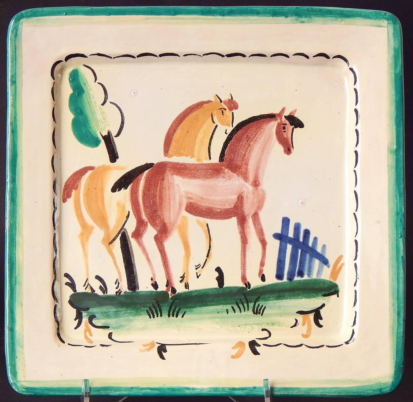 Glazed Art Deco Decorated Plates with Horses, Italian, Late 1920s For Sale
