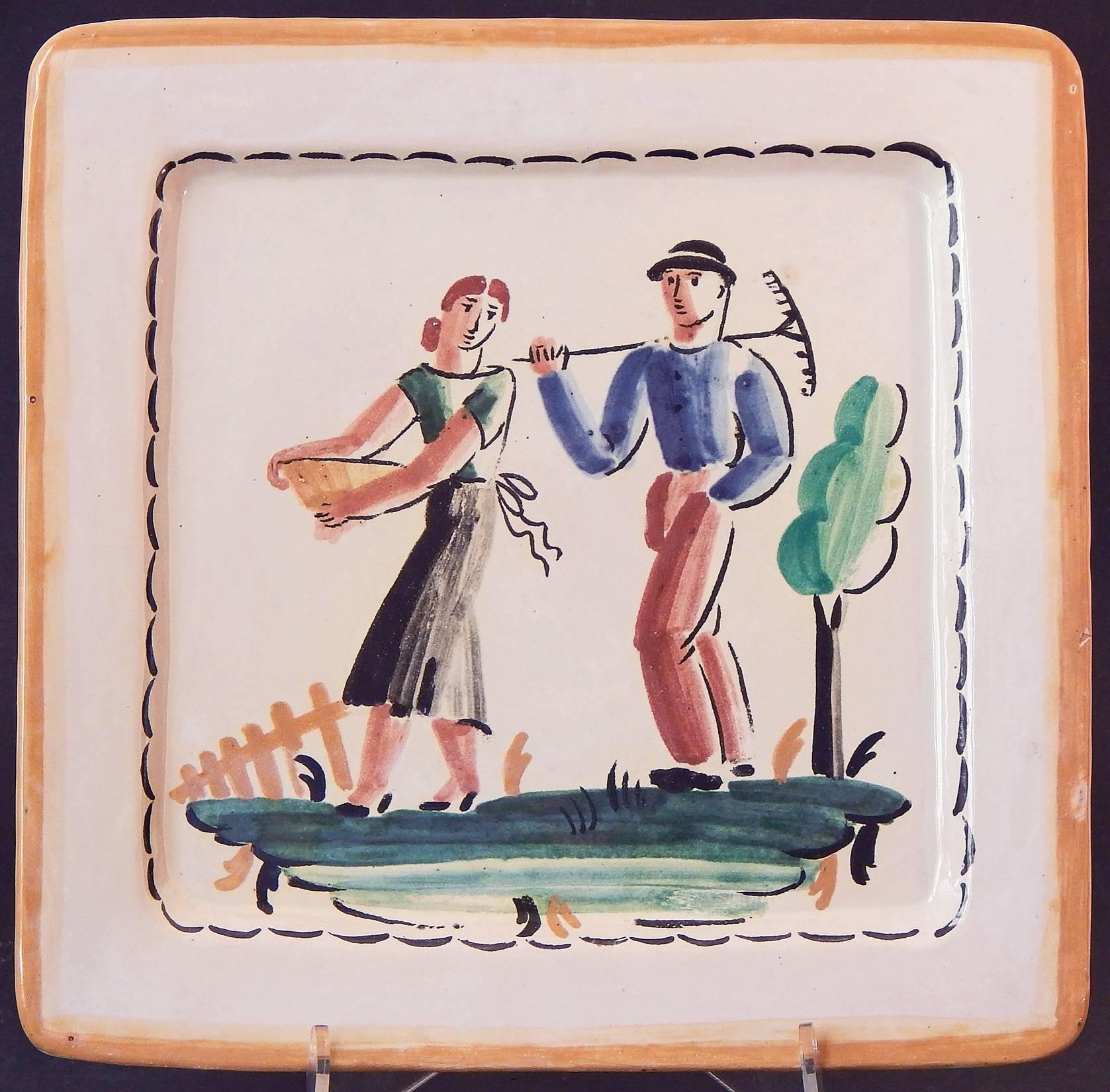 Painted with freshness and sophistication, this pair of Italian Art Deco plates depict a pair of farm workers and a female horseback rider, all in stylized form characteristic of the late 1920s. The palette ocean blue, oxblood and forest green is