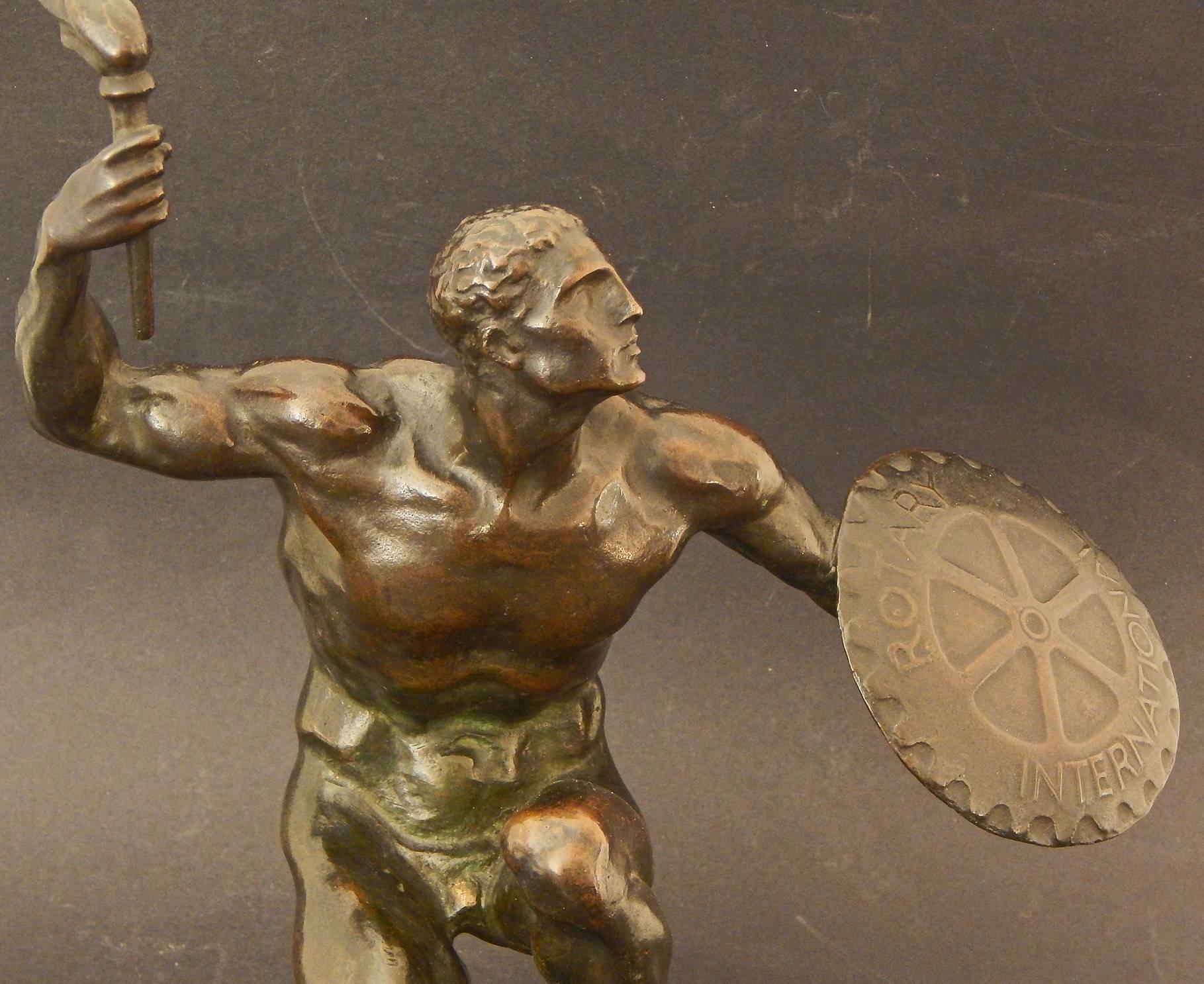 Italian Rare Art Deco Bronze with Male Nude Holding Shield by Castiglioni, 1930 For Sale