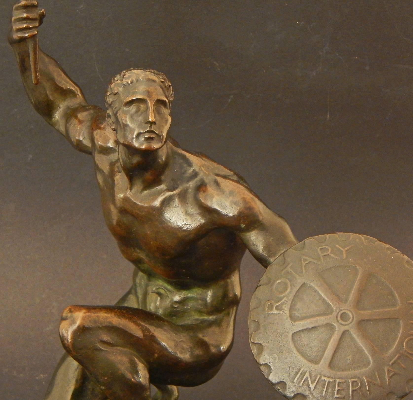 Rare Art Deco Bronze with Male Nude Holding Shield by Castiglioni, 1930 In Excellent Condition For Sale In Philadelphia, PA