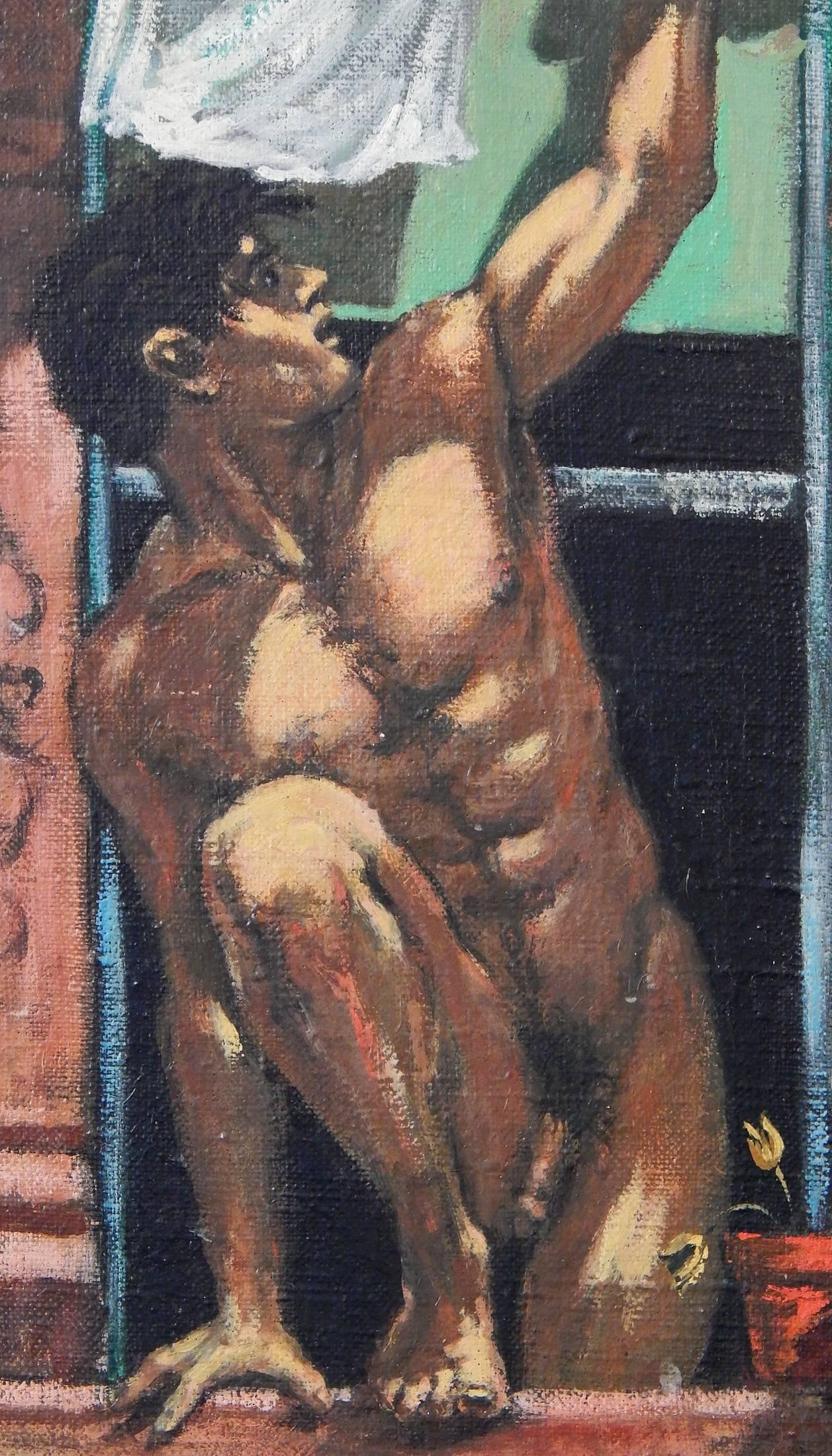 One of Edward Melcarth's masterworks, this depiction of a nude male figure stepping out on his window sill to reach his laundry, is vivid evidence of the artist's fascination with New York tenement life. He loved to depict the window as a portal