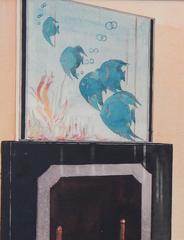 "Soggiorno con dipinto a tema acquatico", Acquerello Art Deco, Blu e Pesca