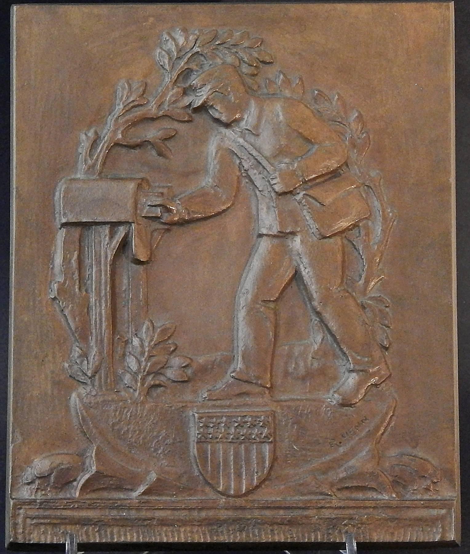 This rare and important pairing of plaster maquette and bronze panel, sculpted in preparation for a WPA bas relief at the post office in Loudonville, Ohio, was created by Rudolf Henn in 1938. Henn was a respected and successful sculptor in Germany