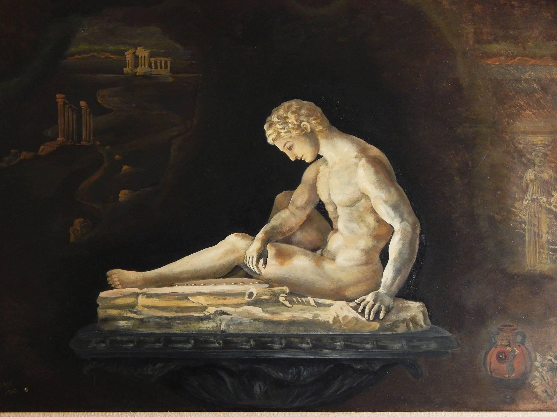 Lovely and mysterious, this dreamlike depiction of a Classic Greek nude figure, upheld on a column capital and contemplating a flutelike instrument -- akin to the bones of civilization -- with the ruins of Greek temples in the distance, is one of