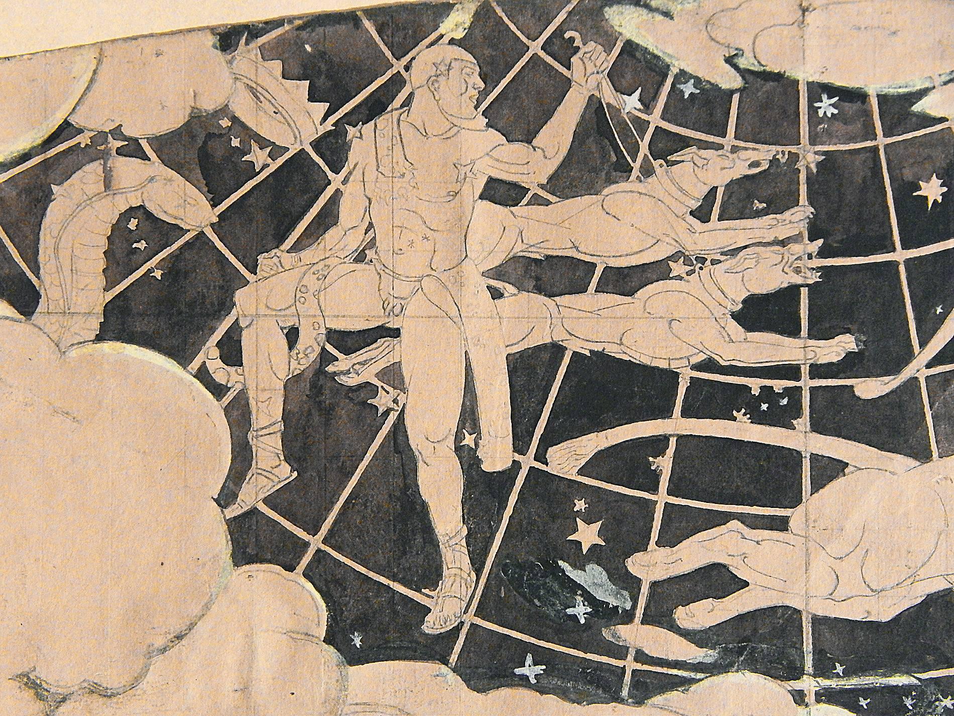 Painted by the renowned muralist, Barry Faulkner, in 1929 for the ceiling of the Horace Bushnell Memorial Hall in Hartford, Connecticut, this remarkable Art Deco study depicts Canes Venatici, or the Herdsman holding two hounds, Asterion and Chara,