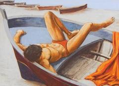 "Napping on the Beach, " Rare and Important Mid-Century Painting, Forio, Italy