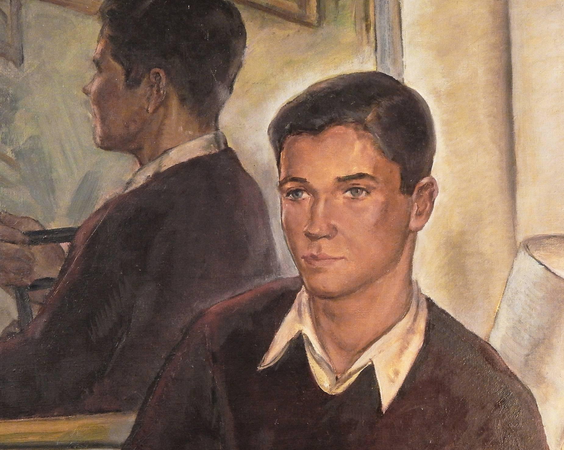 Striking in conception and execution, this half-portrait of a handsome, blue-eyed young man -- his back to a mirror and his arm folded over a chair -- was painted by Marion Huse, who studied under Charles Hawthorne on Cape Cod, and painted for the