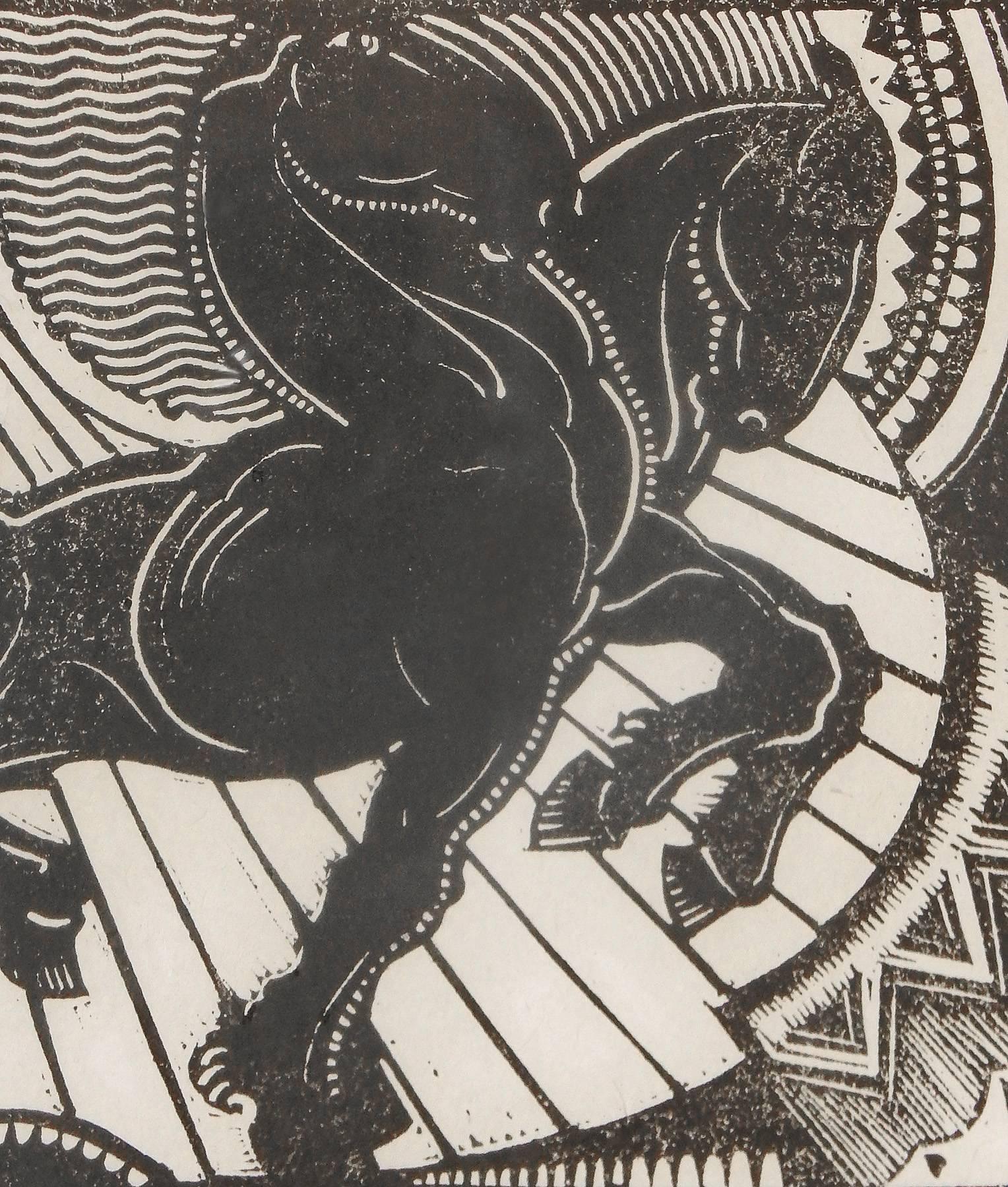 Questa rara, forse unica, stampa su legno di Charles Kassler irradia energia Art Deco: sia dal sole nell'angolo in alto a sinistra, sia dalla coppia di cavalli neri, le cui criniere sono elettricamente vive e i cui corpi si spingono con sicurezza in