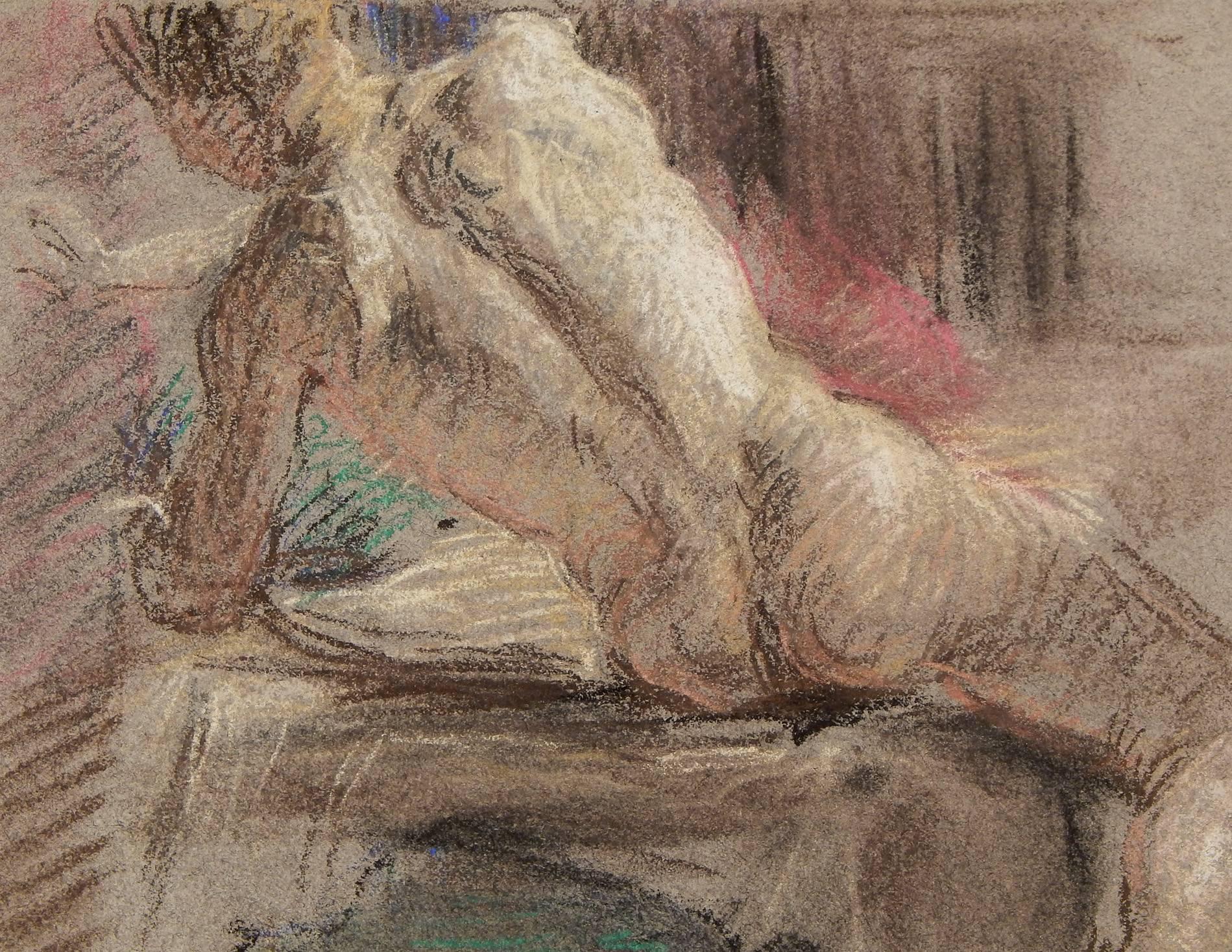 Diese hübsche, in Pastell ausgeführte Zeichnung eines sitzenden männlichen Aktes beweist Allyn Cox' hervorragende Zeichenkunst und Farbbeherrschung. Die Darstellung seines Motivs von hinten, wenn er sich nach links lehnt, erinnert an die Werke der
