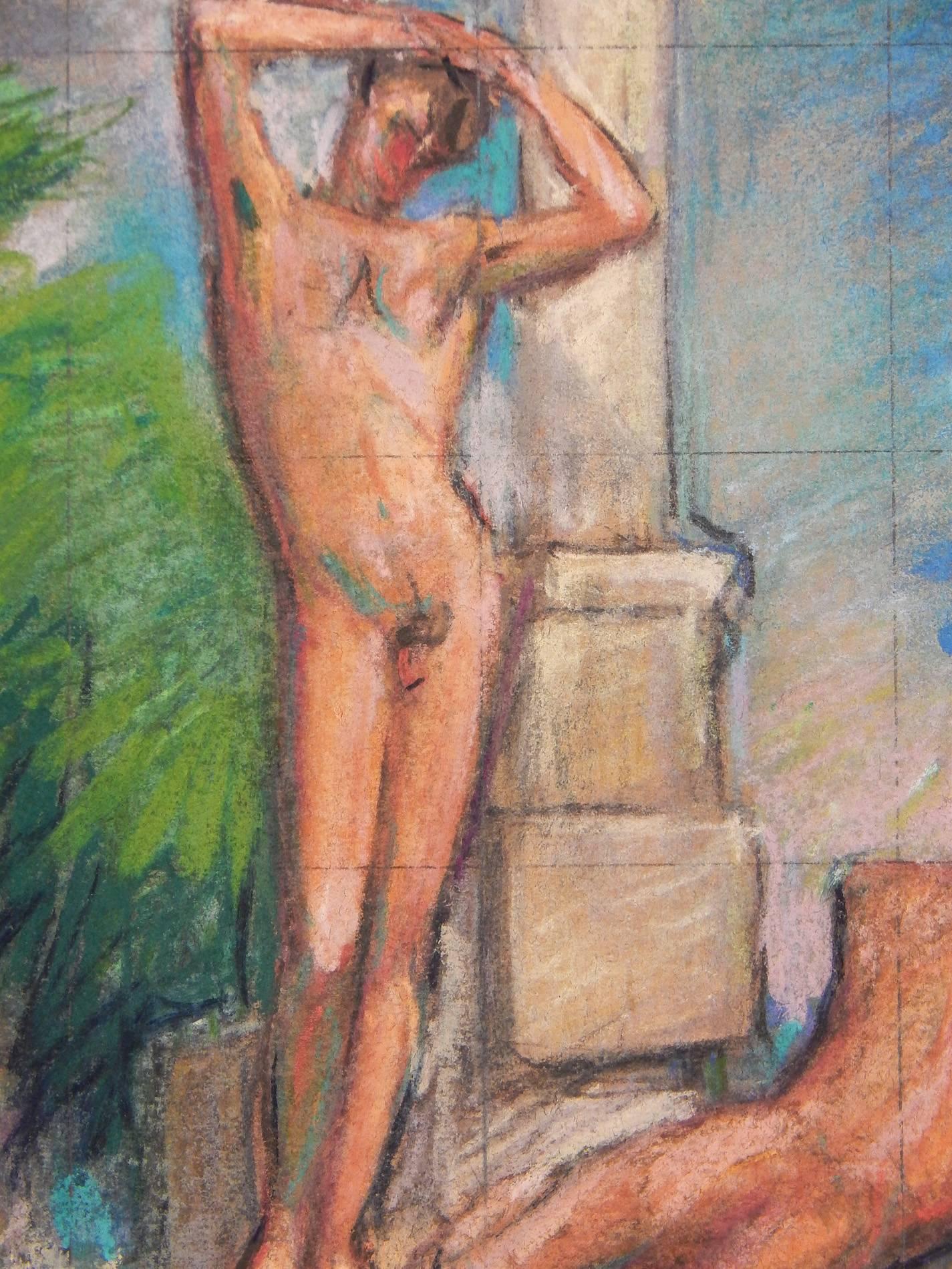 This sun-drenched scene, drawn with a vivid palette of bright Mediterranean blues and chalk whites, shows a pattern of gridding by the artist, indicating that this drawing served as a preparatory sketch for a mural, probably for a domestic setting.