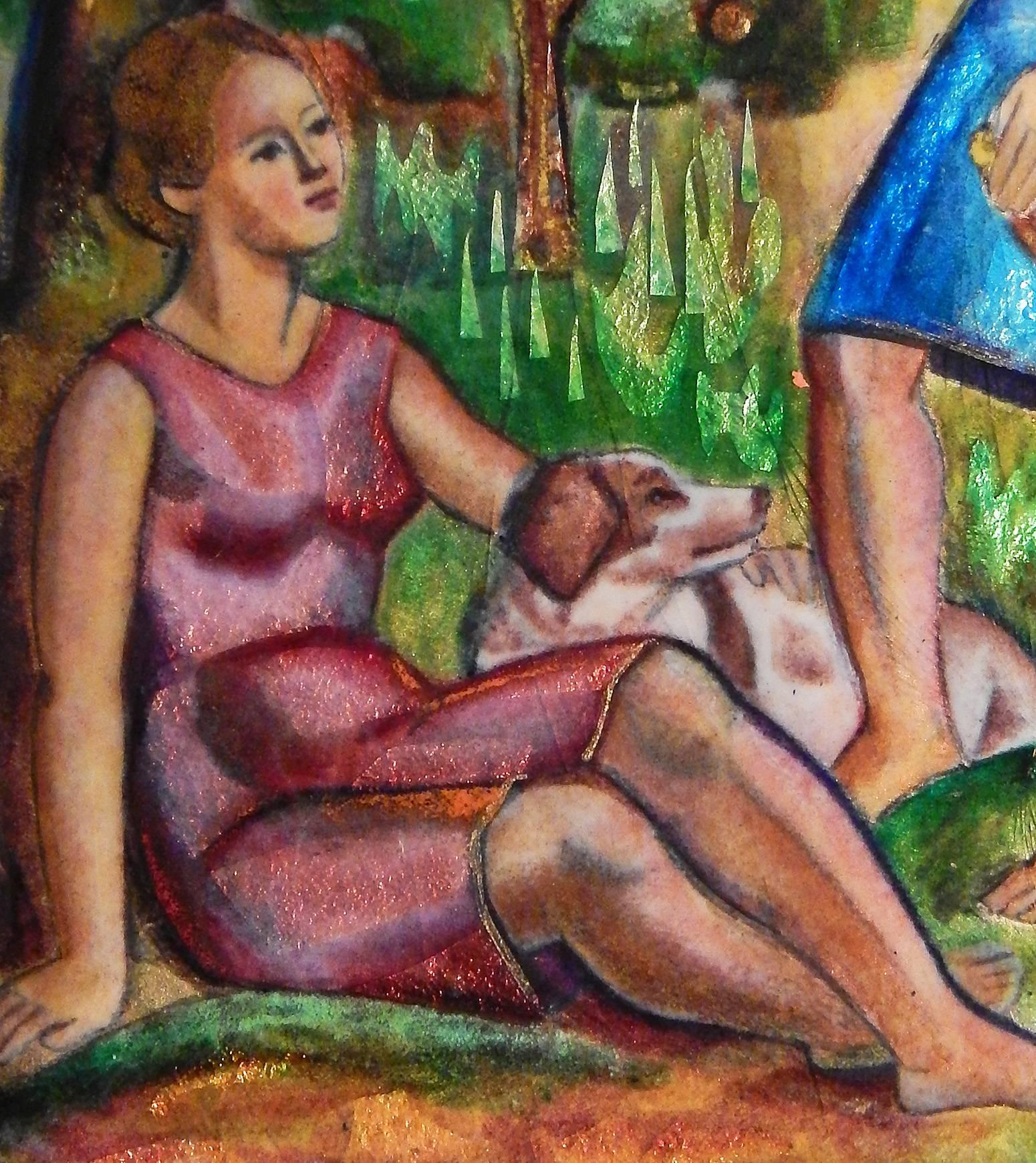 „Under the Apple Tree“, Tour de Force-Emaille-Gemälde mit zwei Frauen (Moderne der Mitte des Jahrhunderts) im Angebot