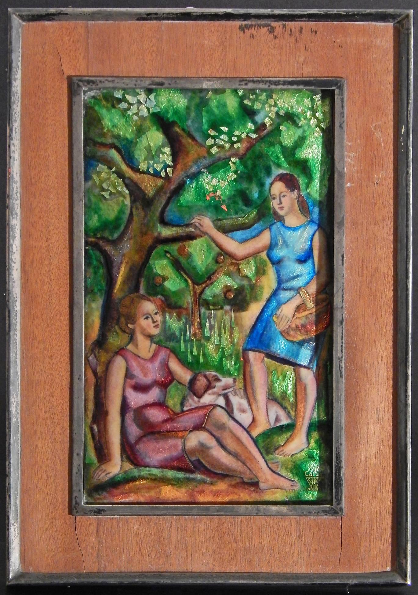 „Under the Apple Tree“, Tour de Force-Emaille-Gemälde mit zwei Frauen (Gemalt) im Angebot