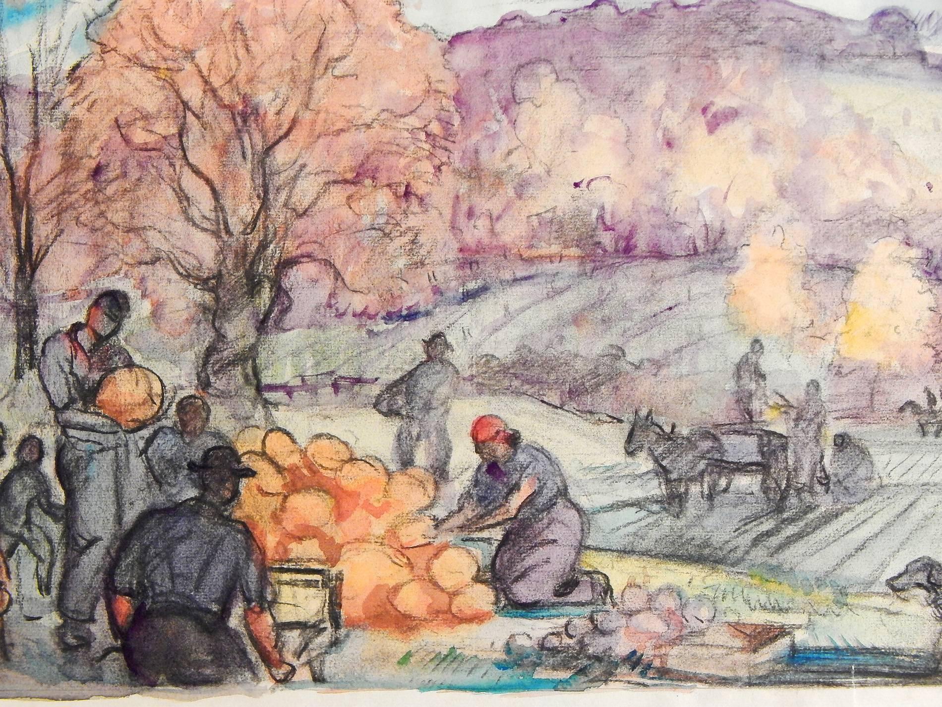 Plein d'atmosphère et de couleurs, ce dessin montrant des fermiers empilant des citrouilles et des hommes partant à la chasse, le tout mis en valeur par les collines violettes à l'arrière, a été réalisé par Aiden Lassell Ripley, probablement comme