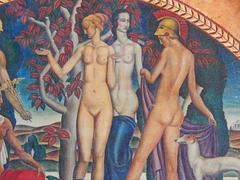 „Der Prozess von Paris“, fabelhafte Art-Déco-Wandmalerei mit Aktdarstellungen von Machin