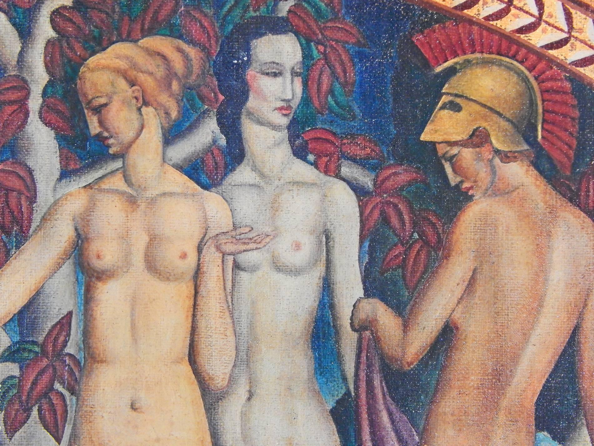 „Der Prozess von Paris“, fabelhafte Art-Déco-Wandmalerei mit Aktdarstellungen von Machin (Art déco) im Angebot